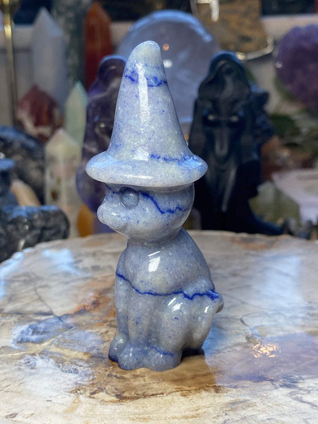 Blue Aventurine crystal witch cat carving - Halloween
