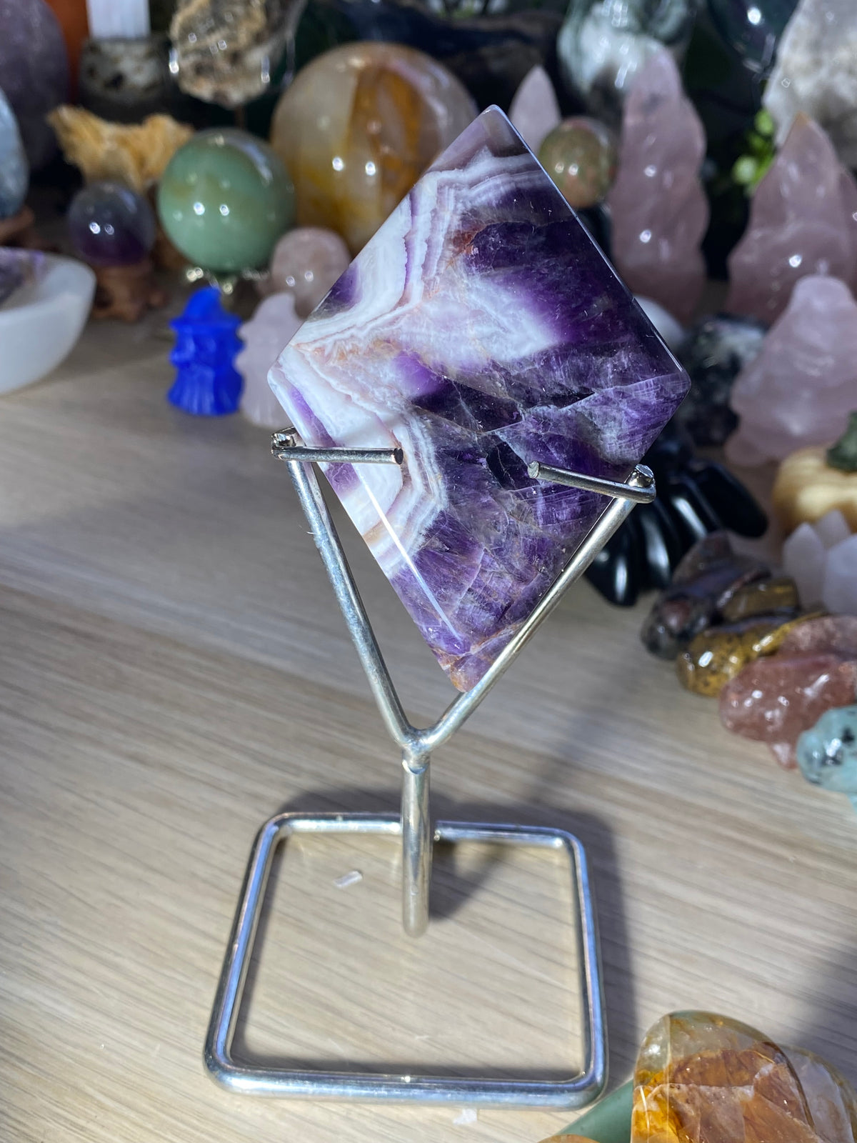 Dream Amethyst crystal Rhombus with stand