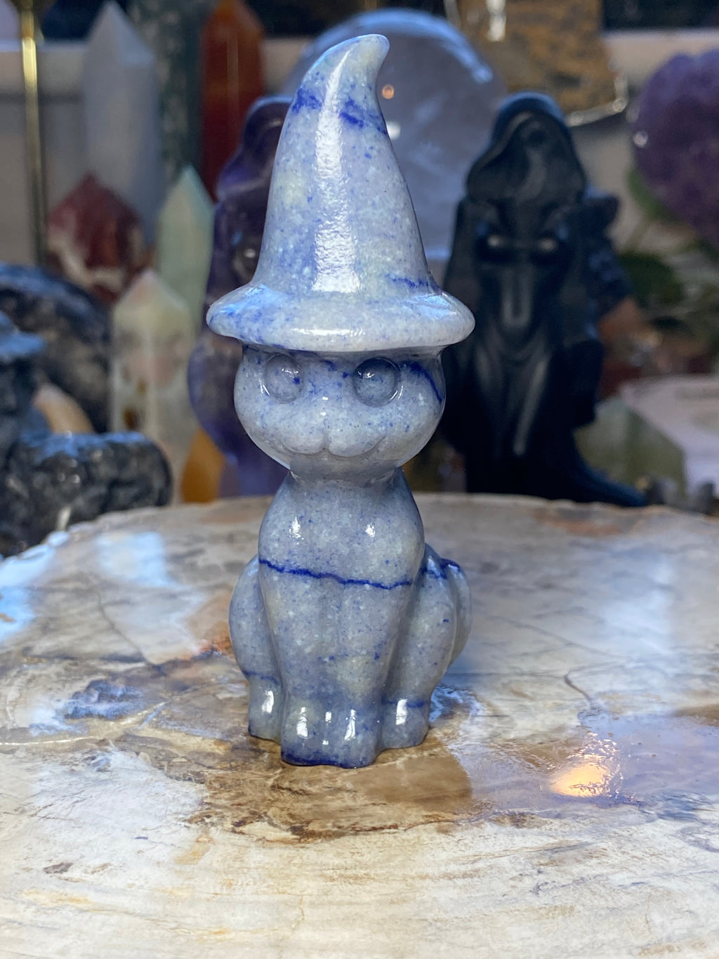 Blue Aventurine crystal witch cat carving - Halloween