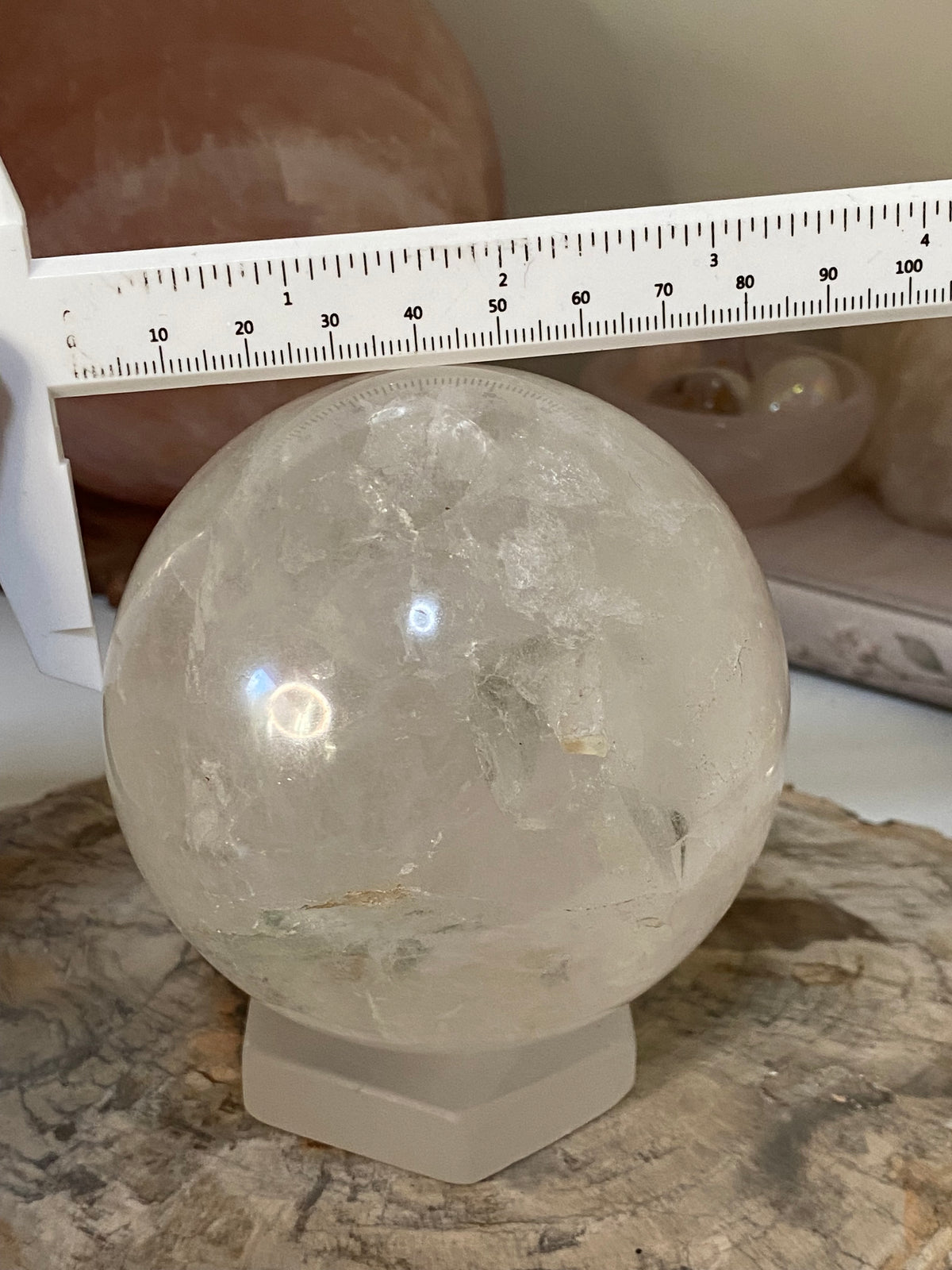 Large clear quartz crystal sphere with Garden
