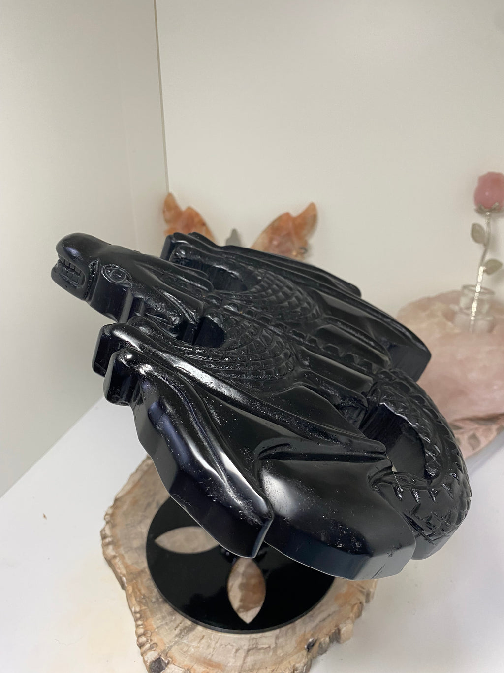 Large obsidian Dragon crystal spinning stand
