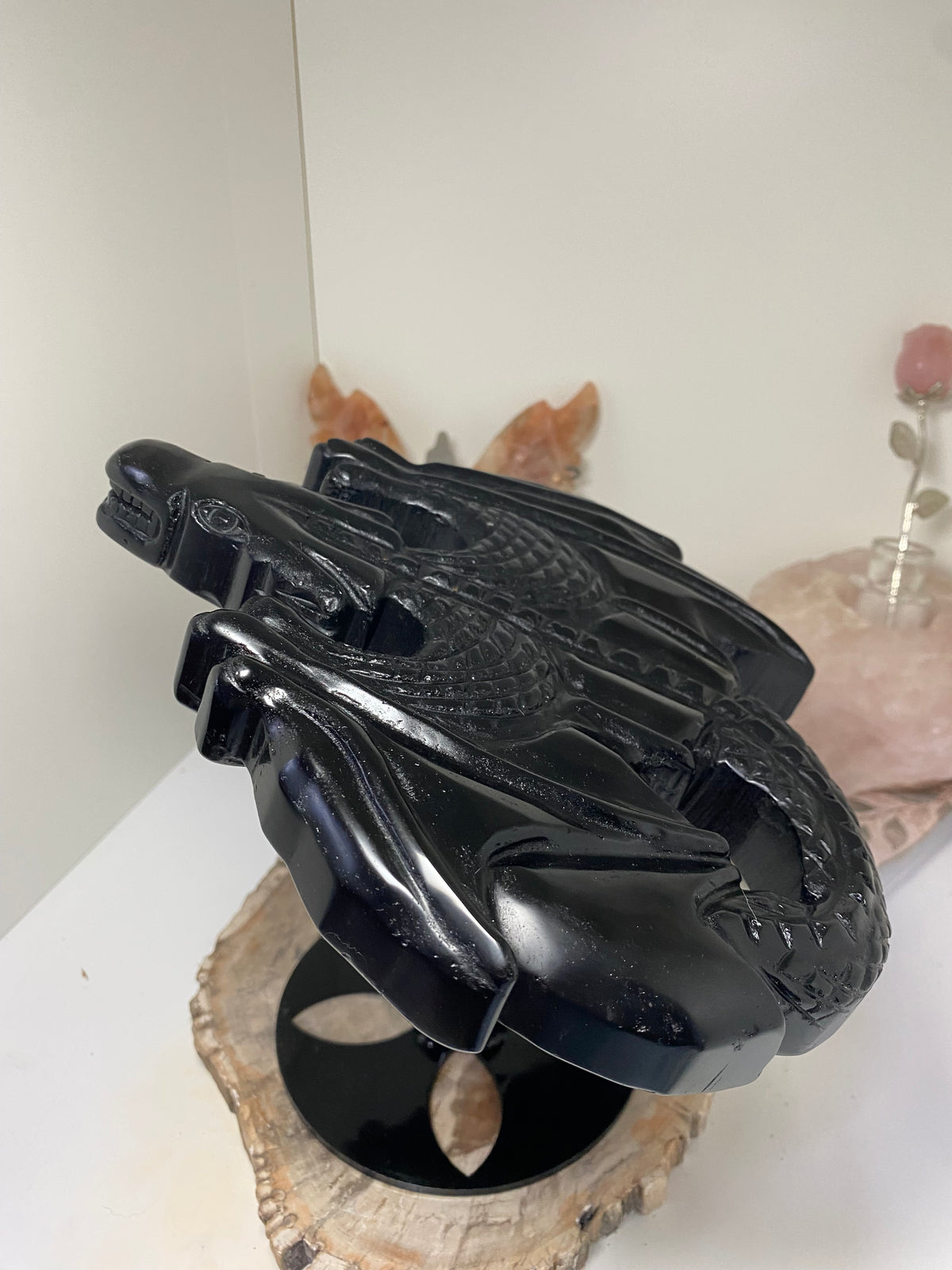 Large obsidian Dragon crystal spinning stand