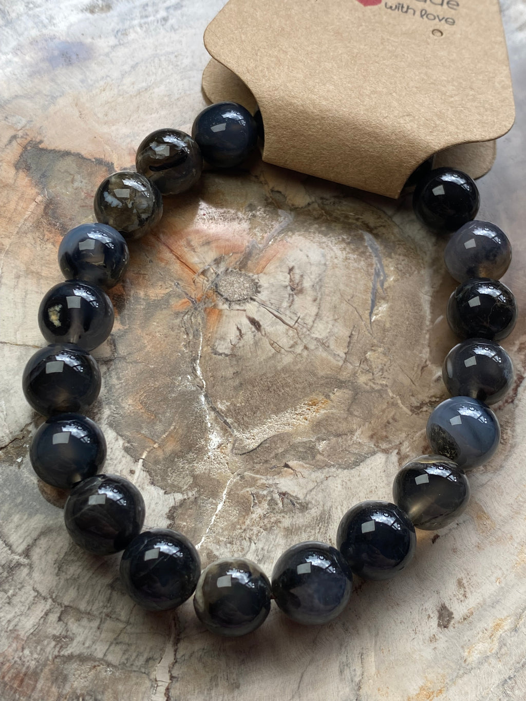 Black flower agate crystal bracelet 9mm