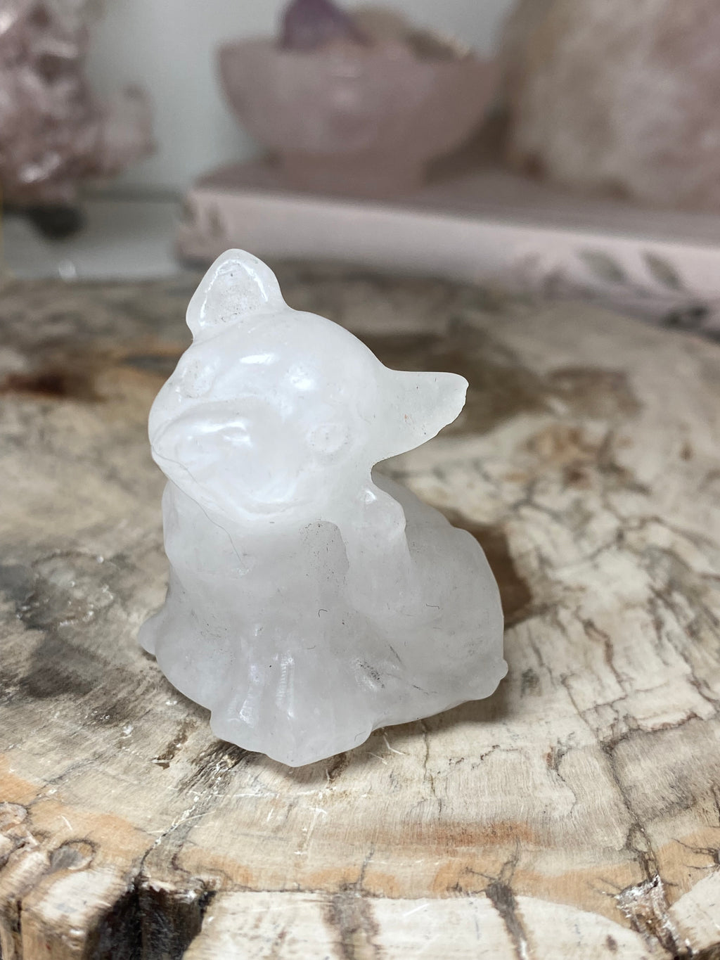Small clear quartz crystal dog carving