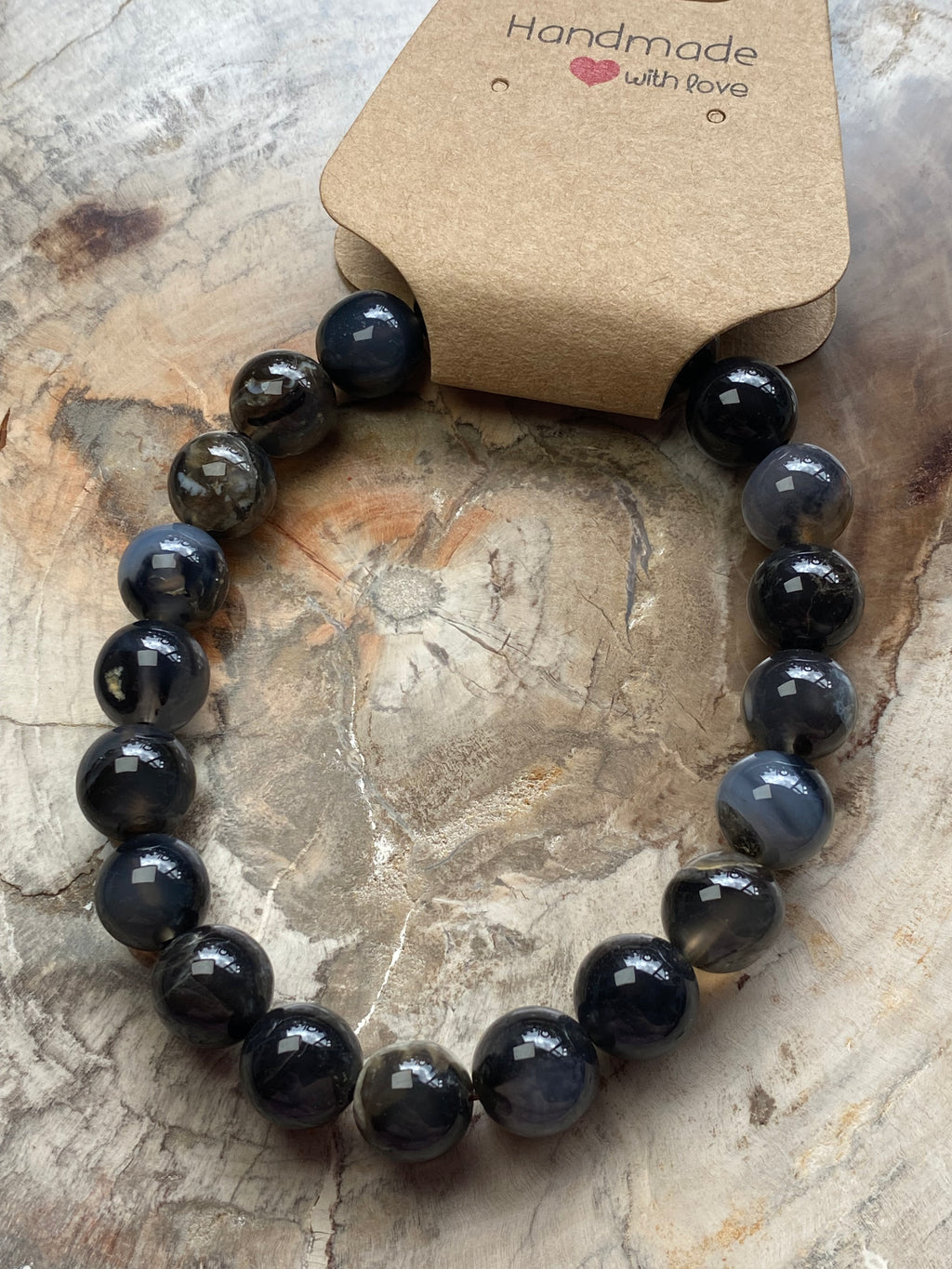 Black flower agate crystal bracelet 9mm