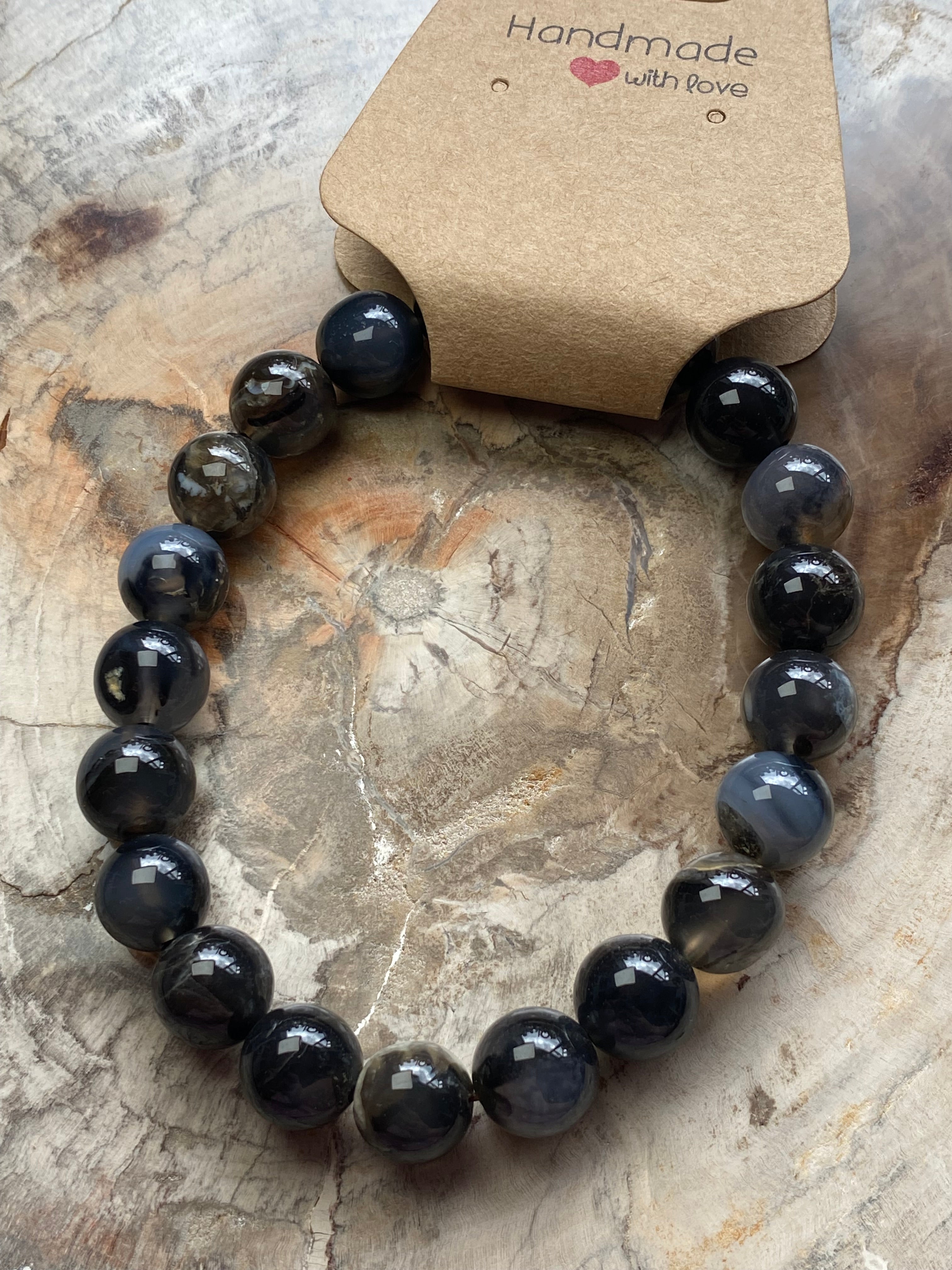 Black flower agate crystal bracelet 9mm