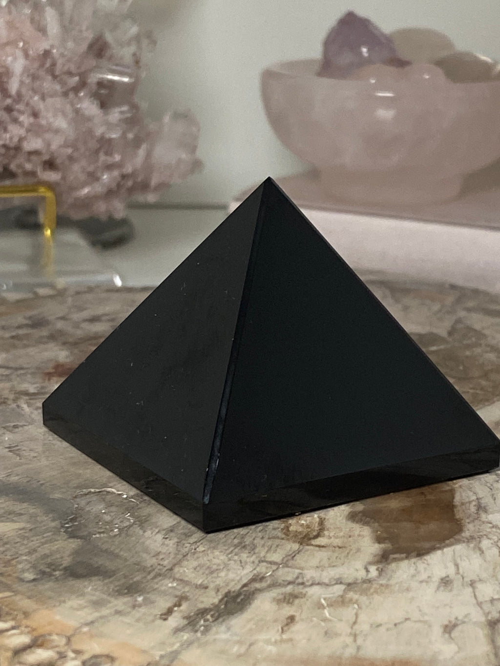 Obsidian crystal pyramid carving