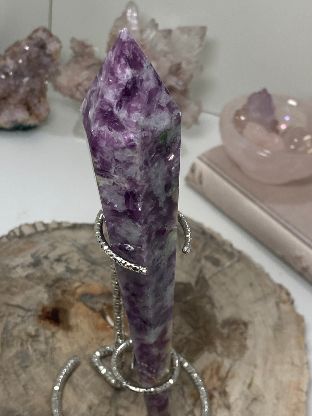 Purple mica crystal wand with stand