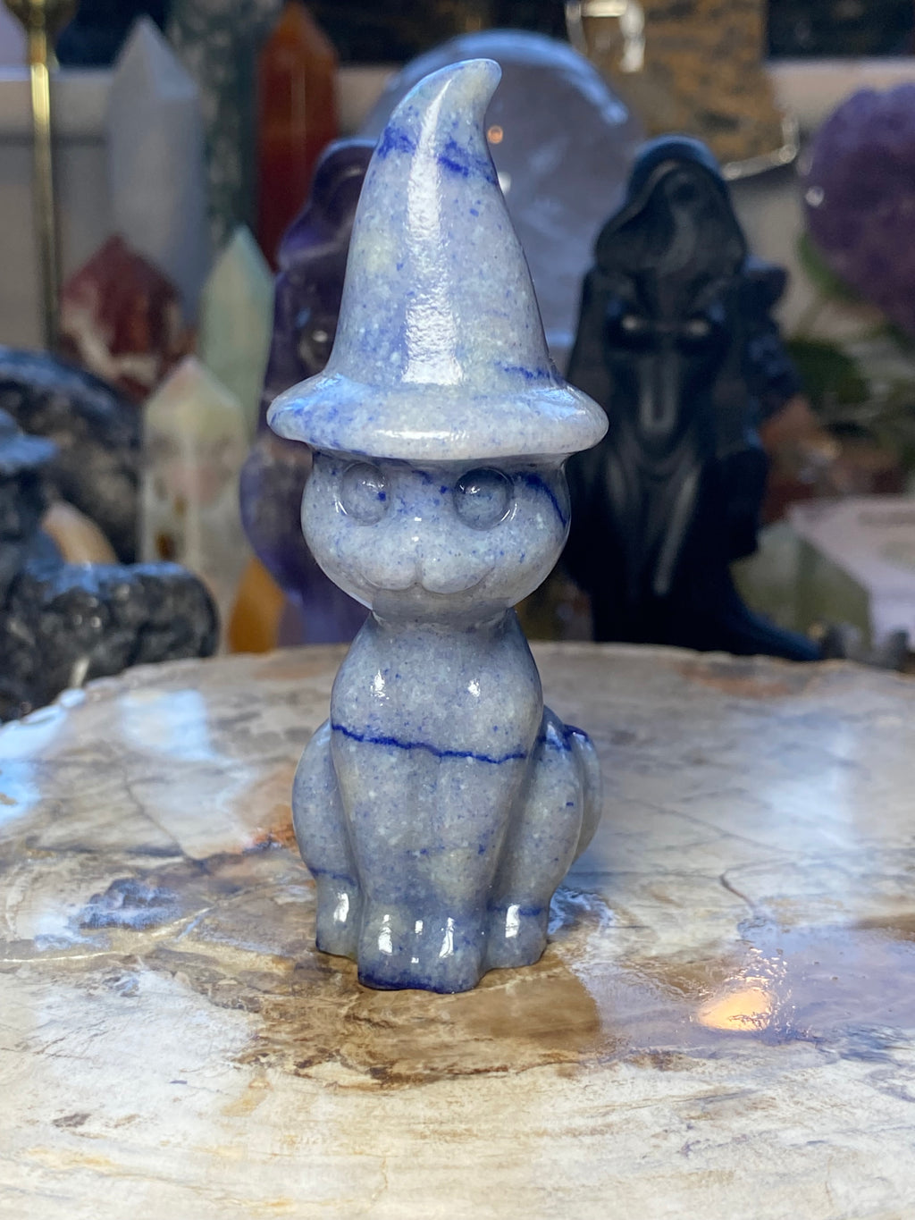 Blue Aventurine crystal witch cat carving - Halloween