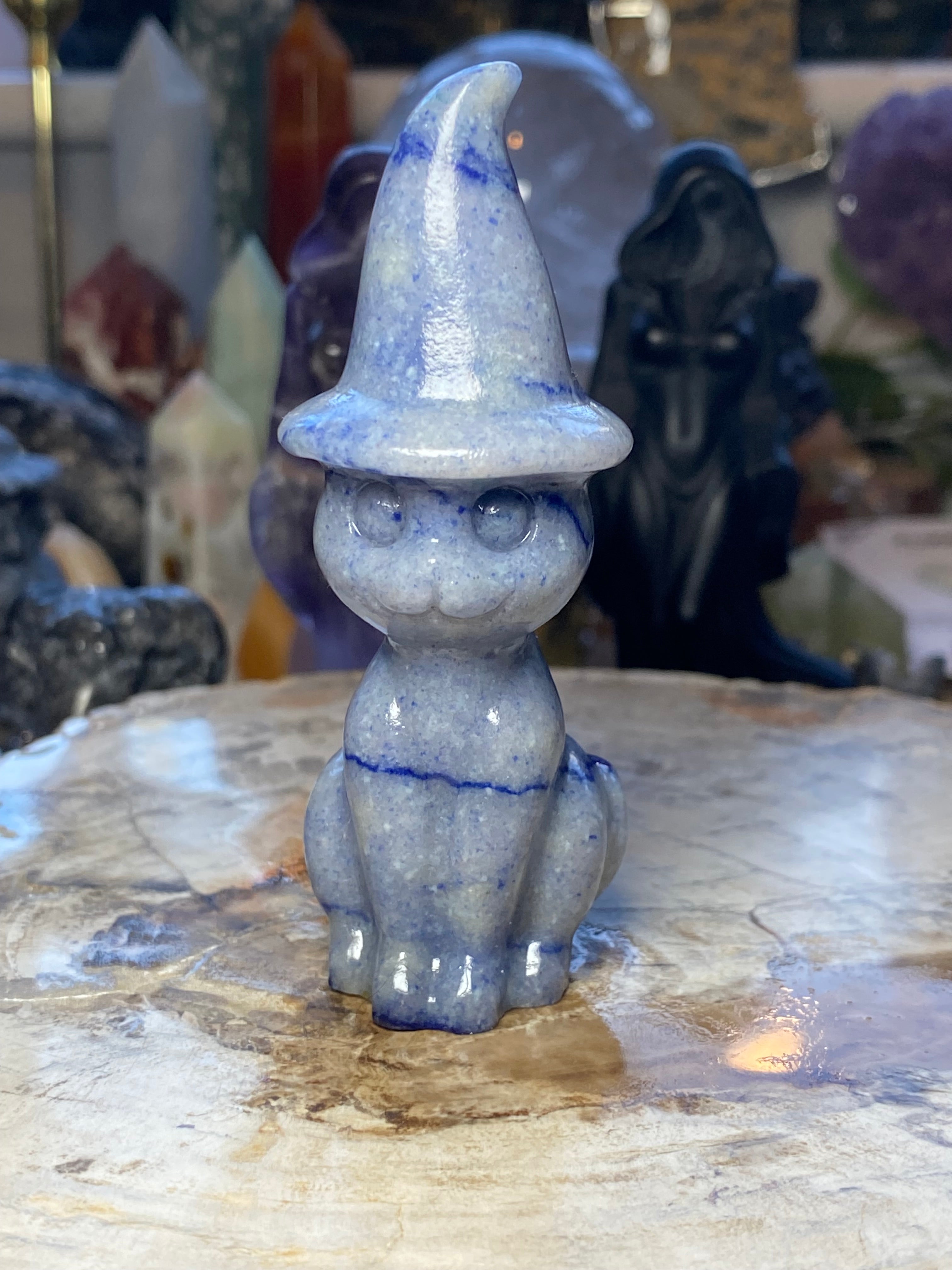 Blue Aventurine crystal witch cat carving - Halloween