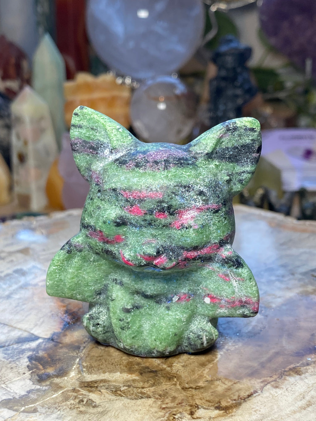 Ruby in zoisite crystal bat carving - Halloween