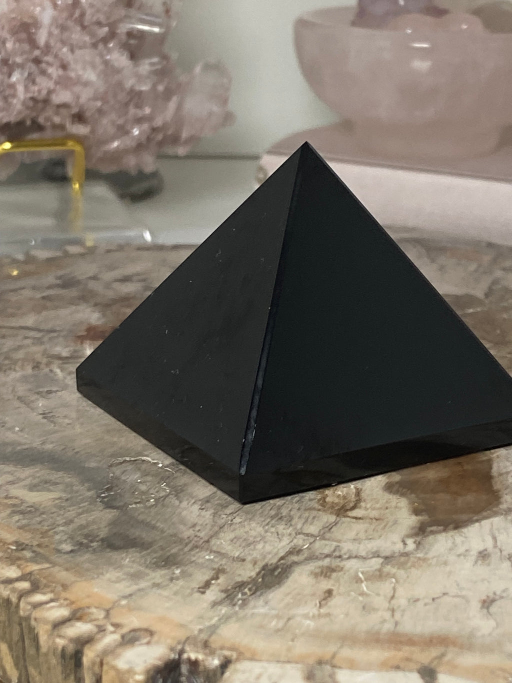Obsidian crystal pyramid carving