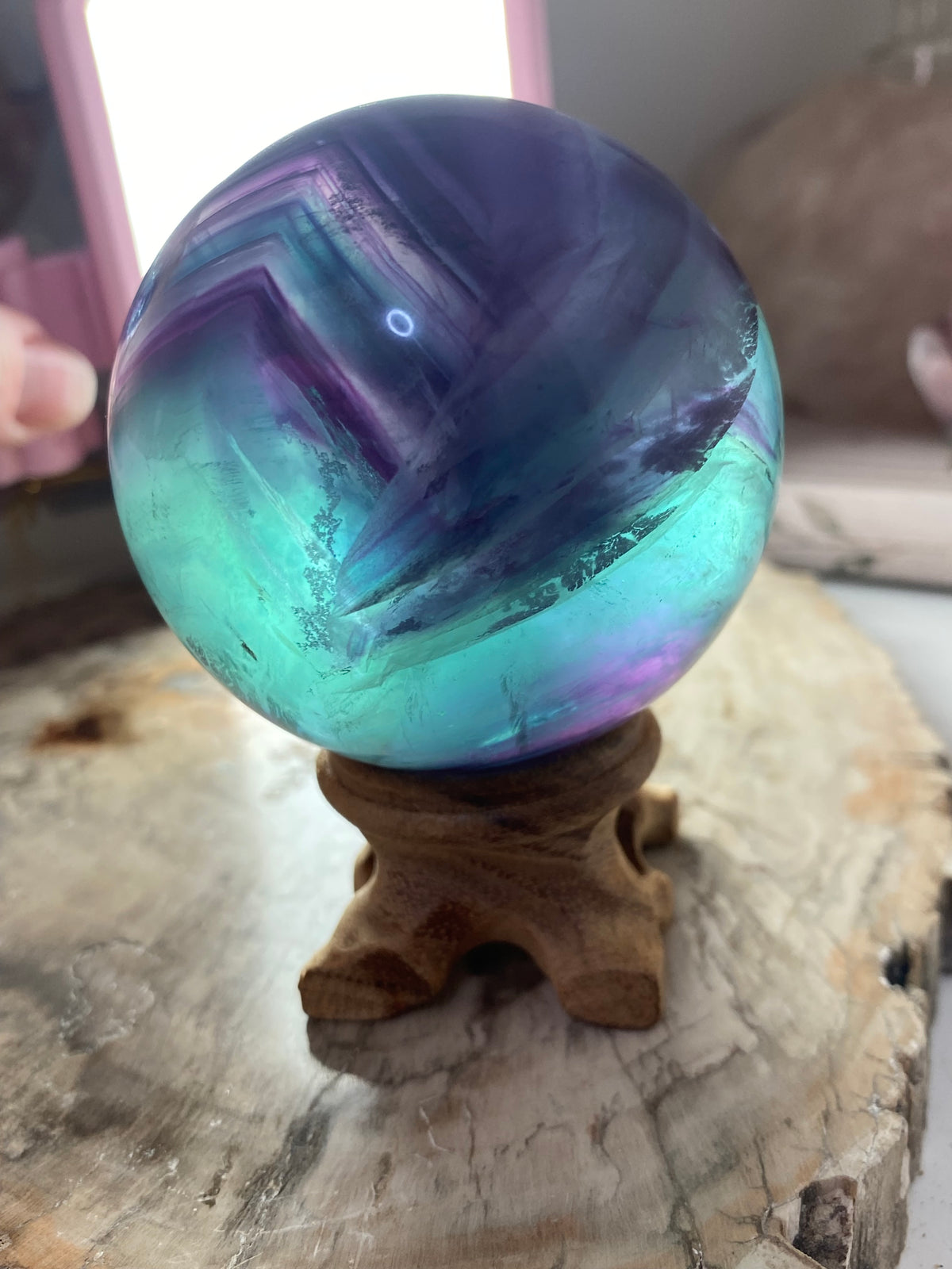 Rainbow fluorite crystal sphere