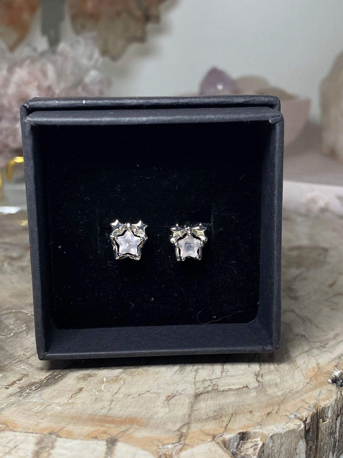 Rose quartz crystal star earrings