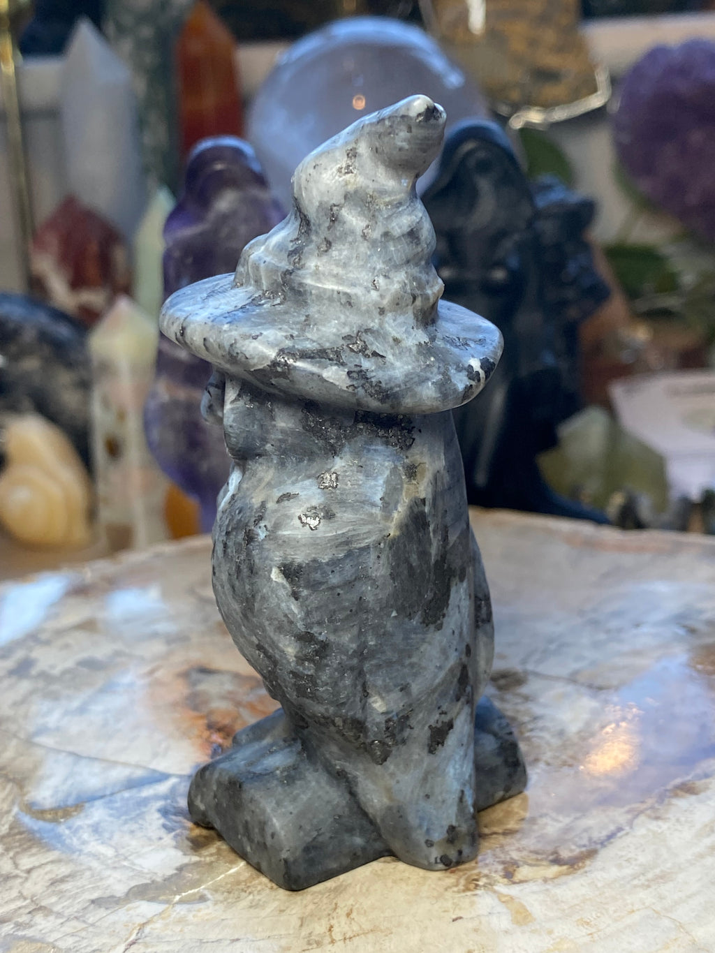 Larvakite crystal witch owl carving -Halloween