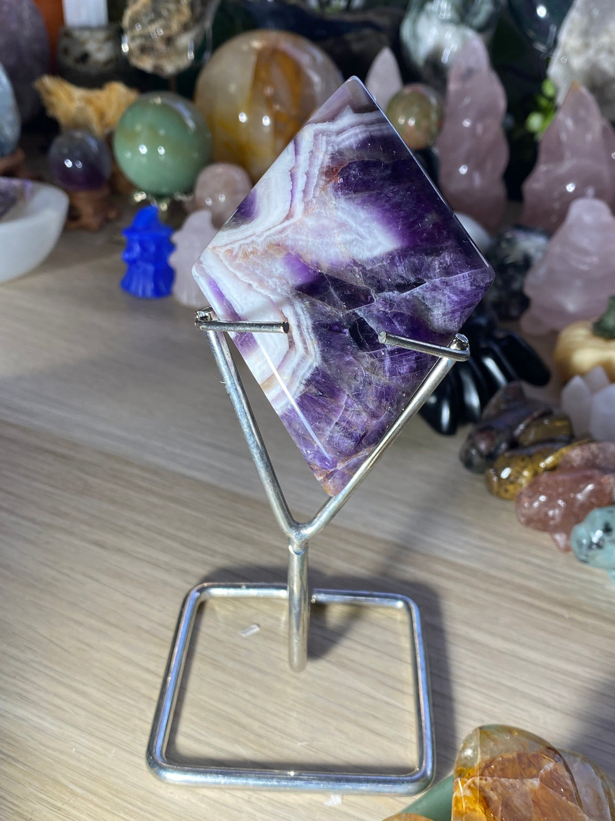 Dream Amethyst crystal Rhombus with stand