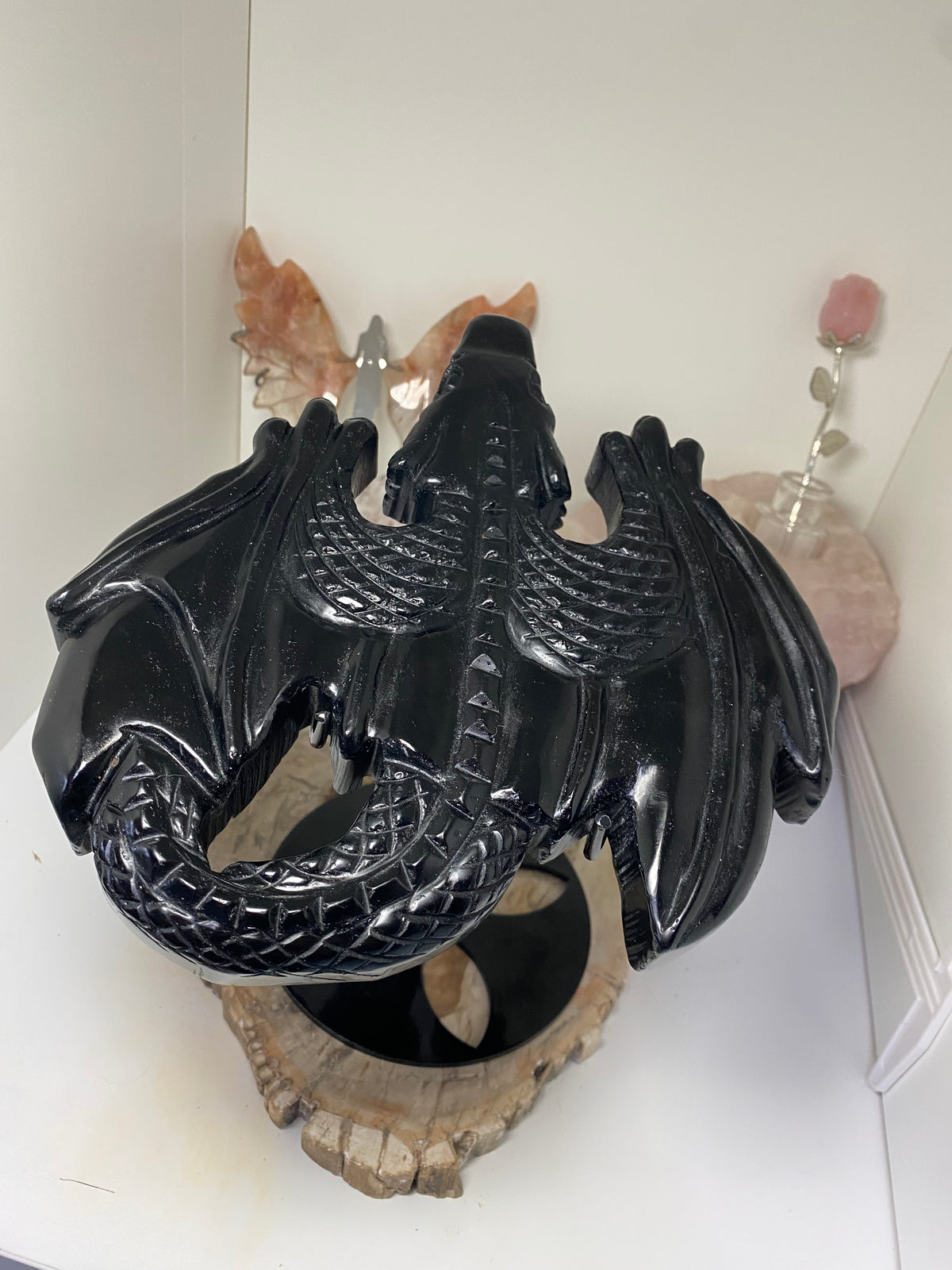 Large obsidian Dragon crystal spinning stand