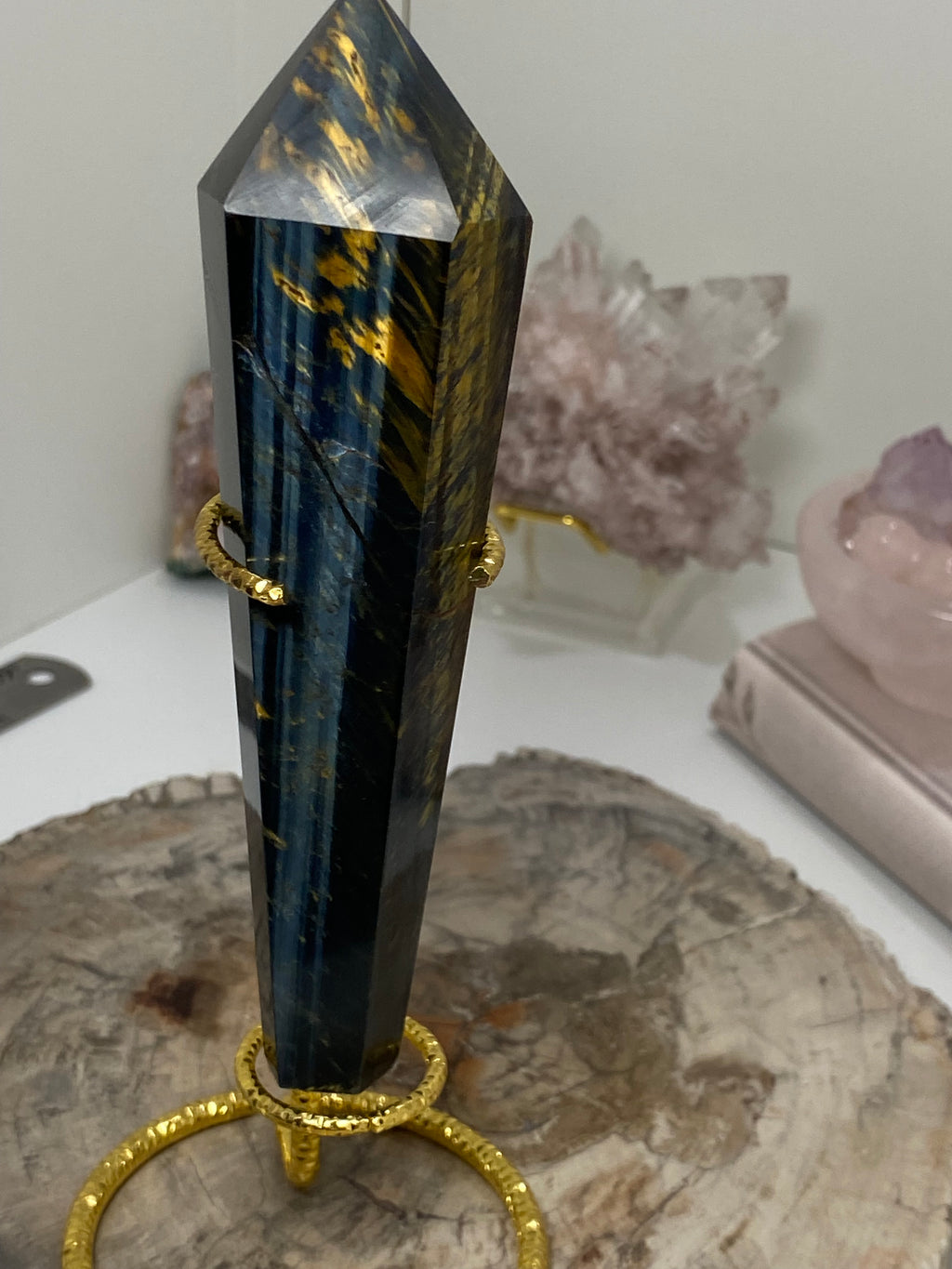 Blue tigers eye crystal wand with stand