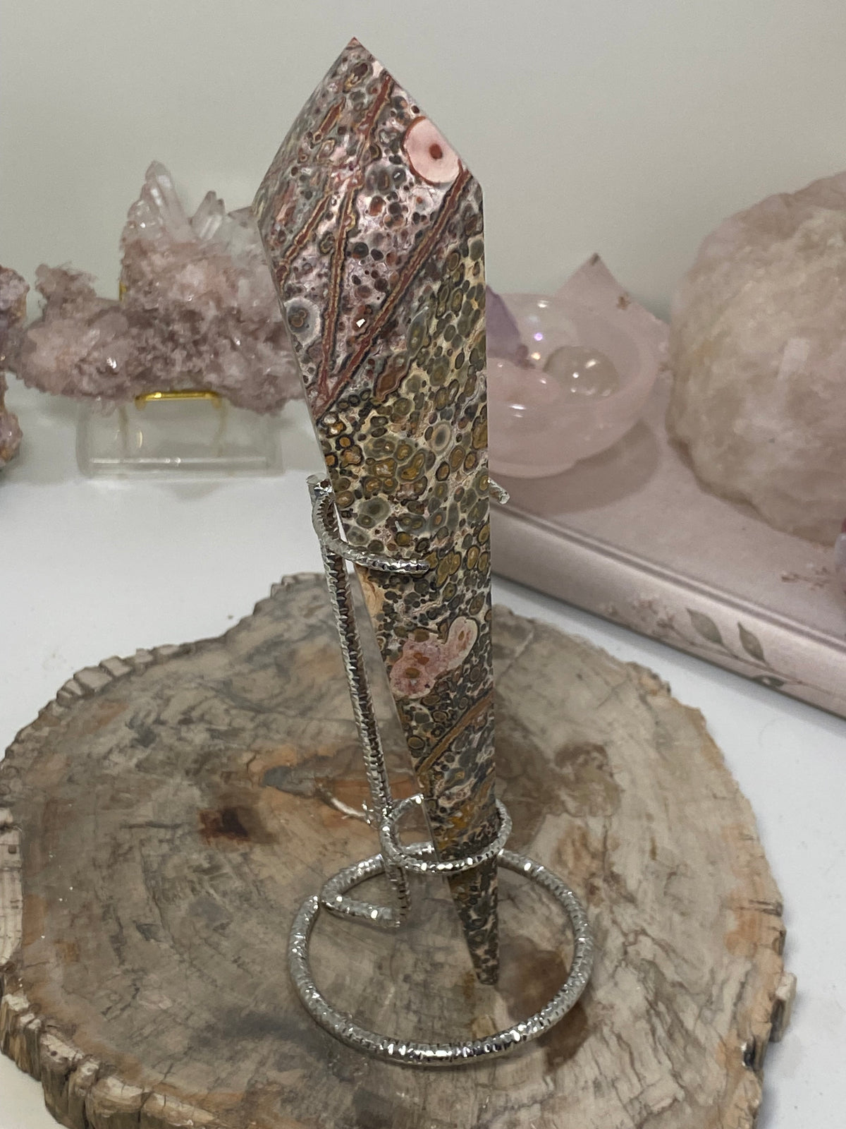 Leopard jasper crystal wand with stand