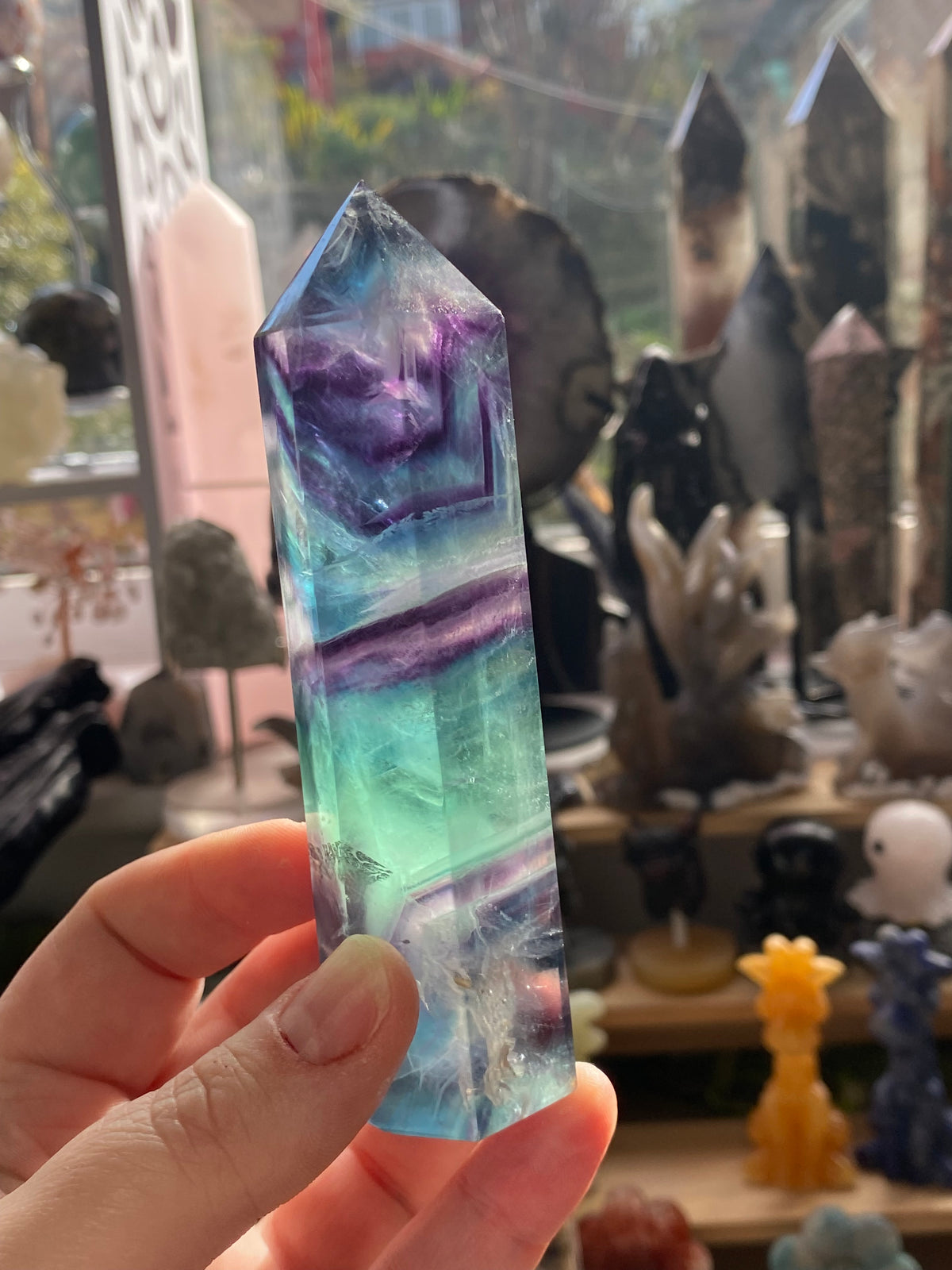 Rainbow fluorite crystal tower