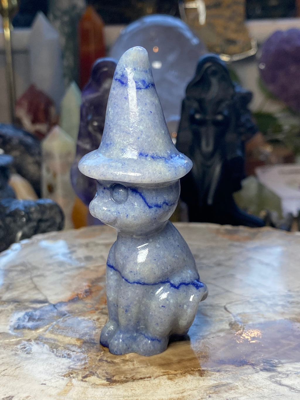 Blue Aventurine crystal witch cat carving - Halloween