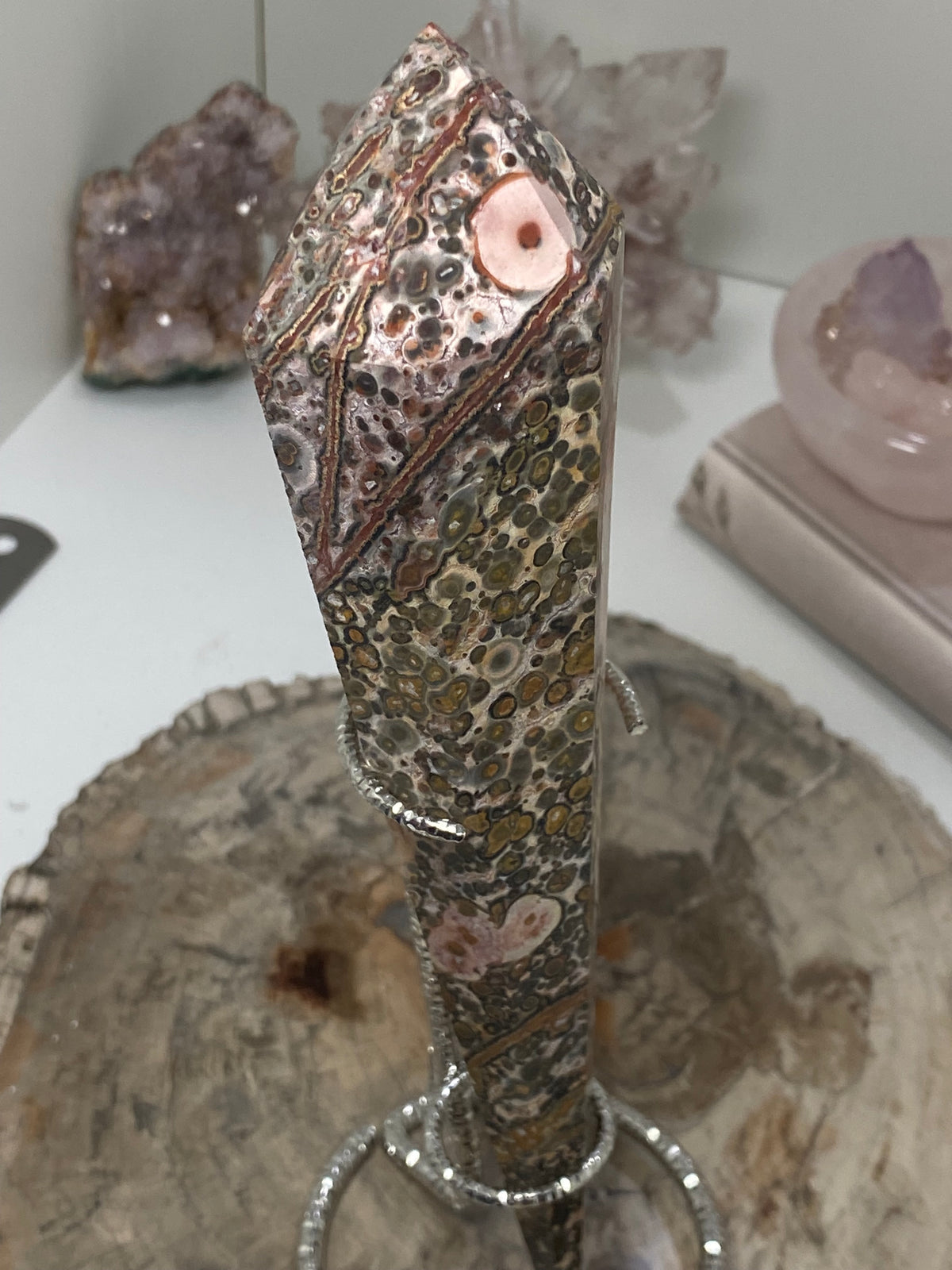 Leopard jasper crystal wand with stand