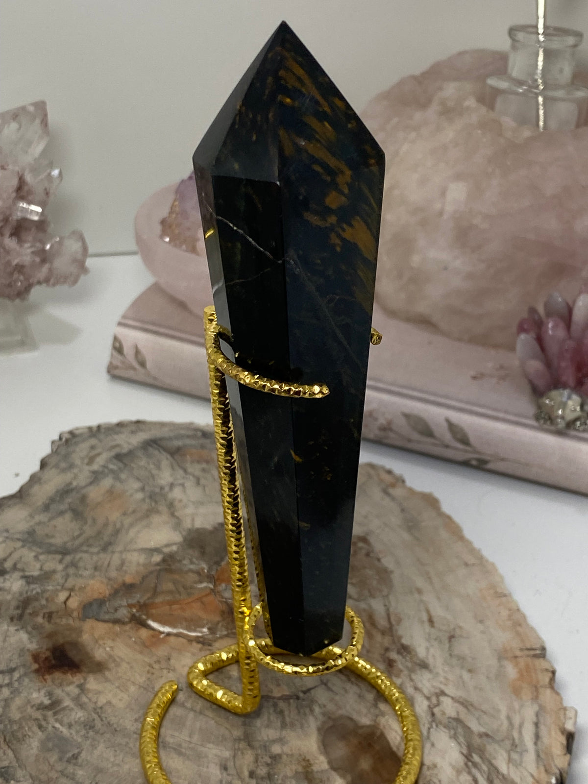 Blue tigers eye crystal wand with stand