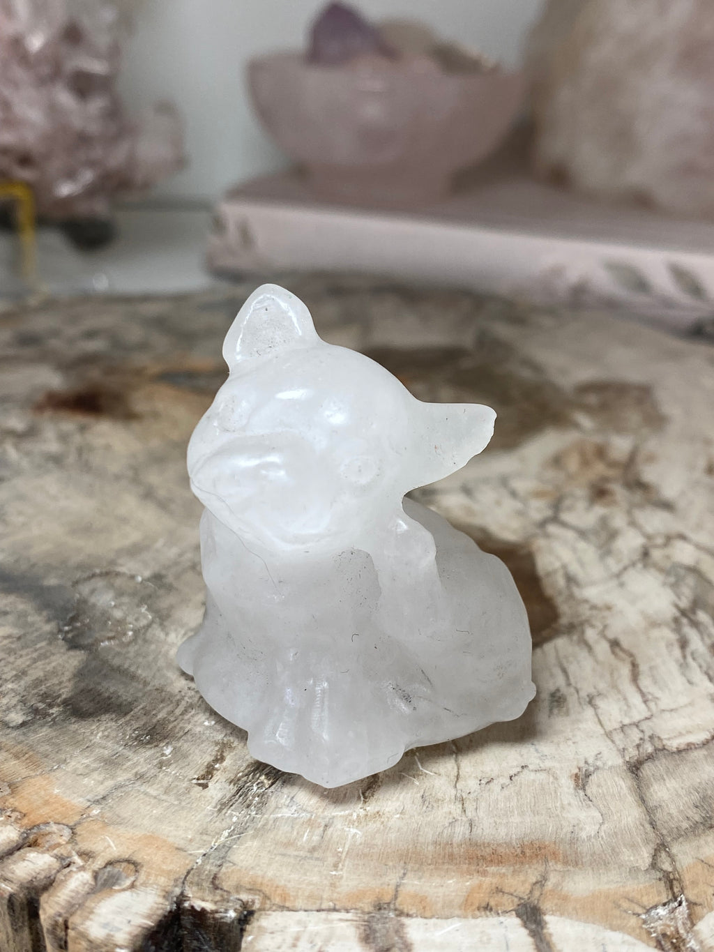 Small clear quartz crystal dog carving