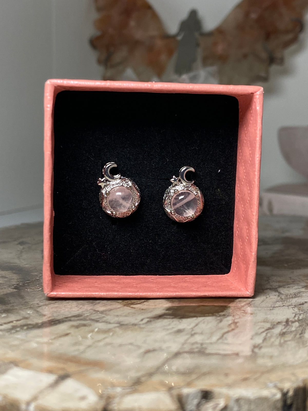 Rose quartz crystal stud  earrings  with moon and star