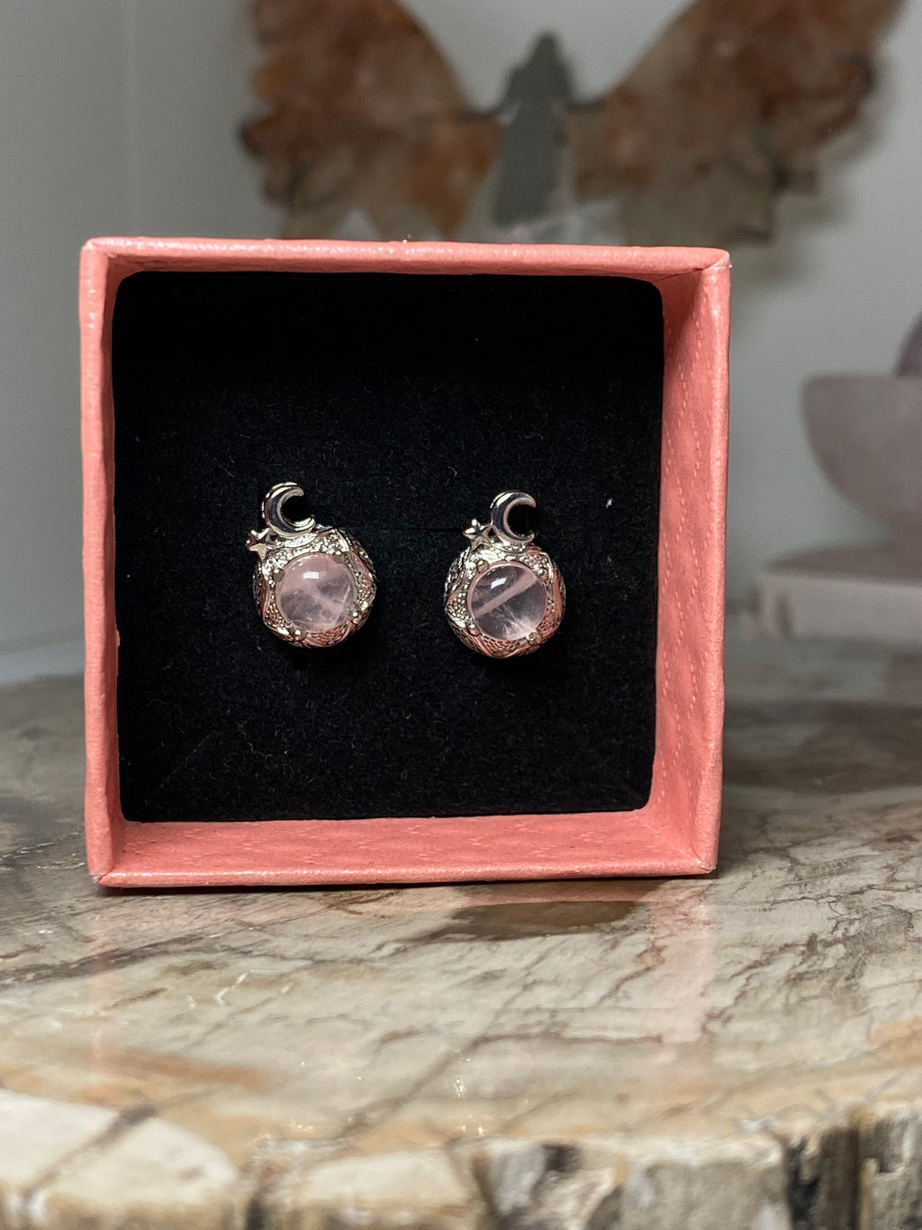 Rose quartz crystal stud  earrings  with moon and star