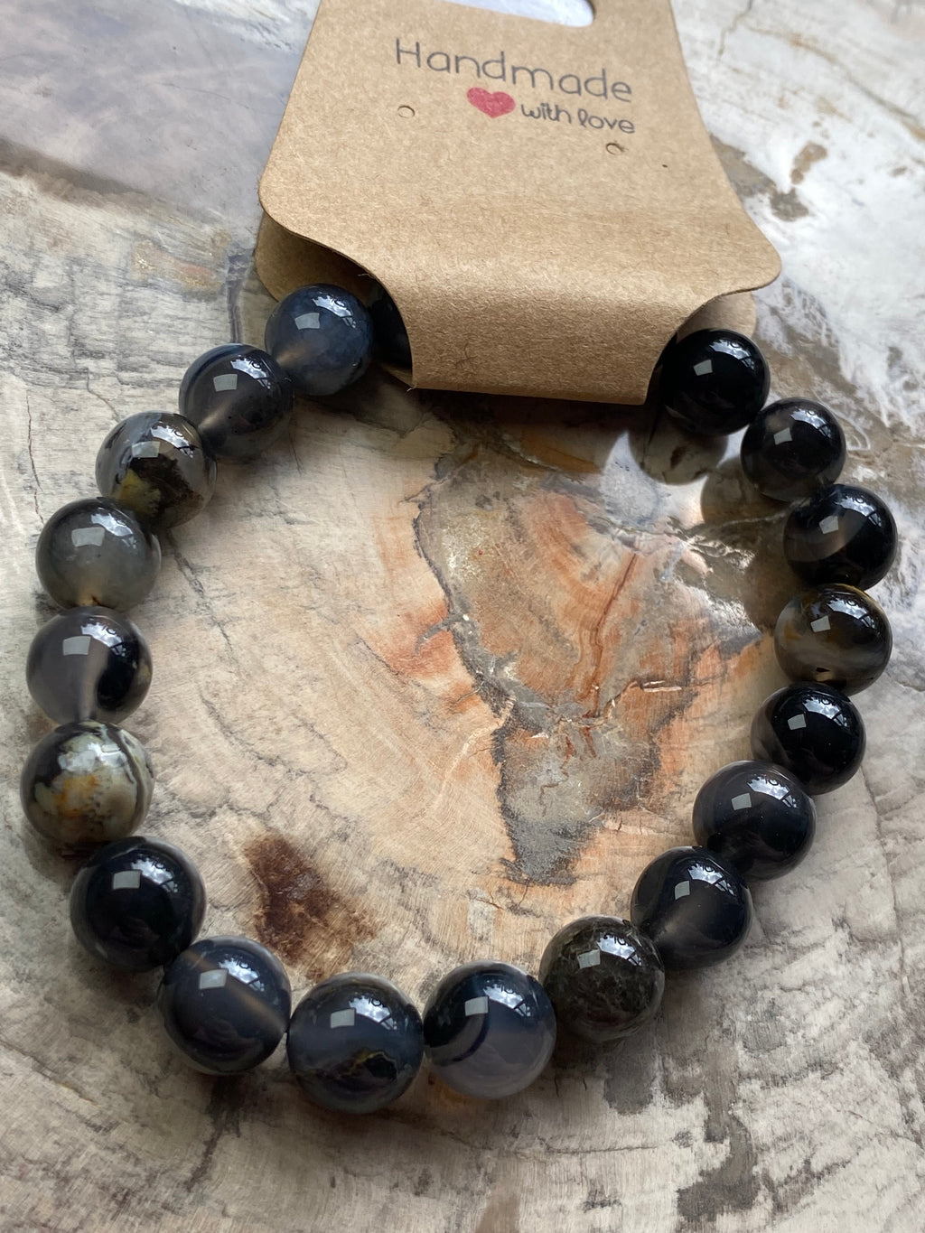 9mm black flower agate crystal bracelet