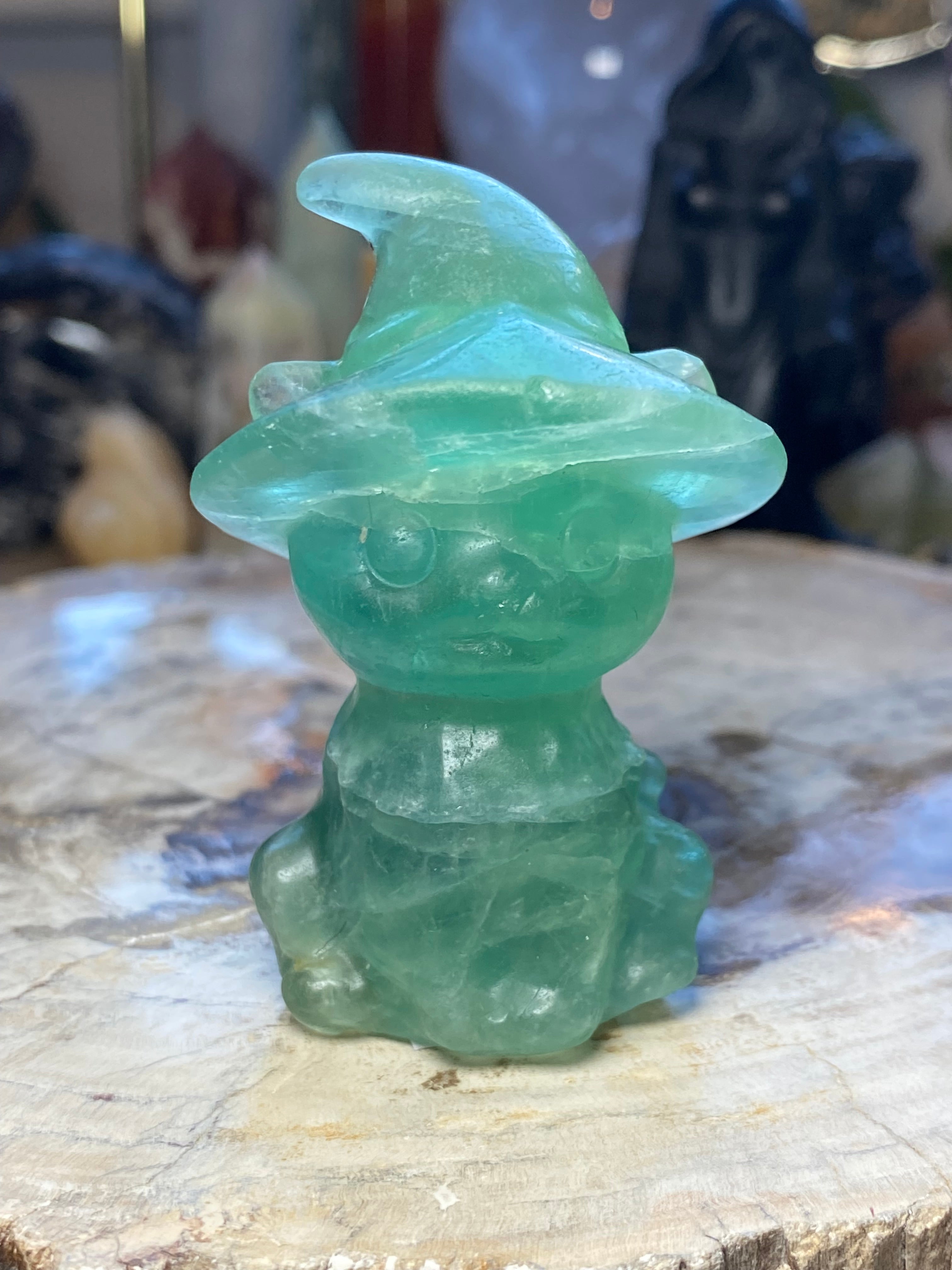 Fluorite crystal witch cat Halloween carving