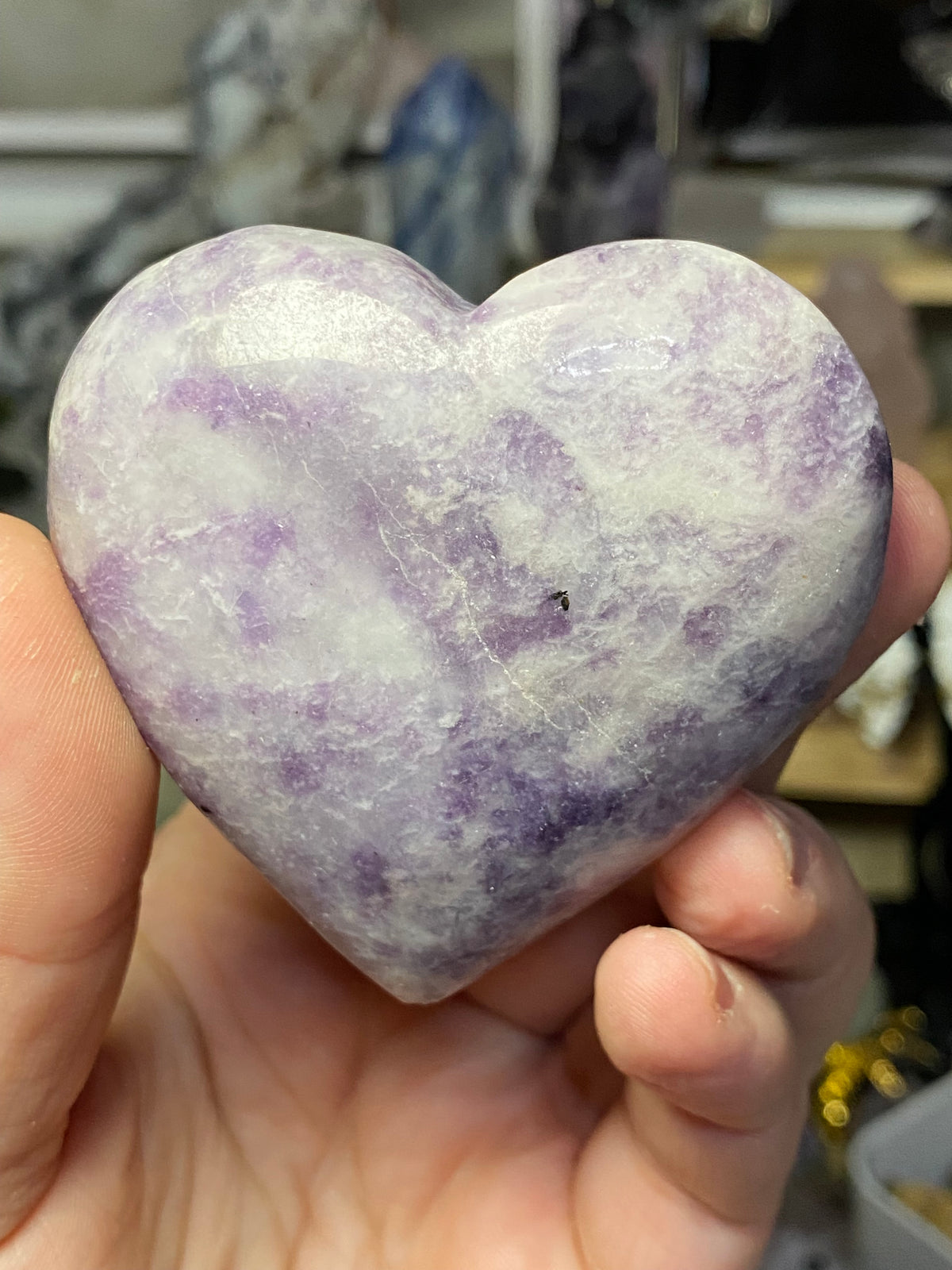 Lepidolite crystal heart carving