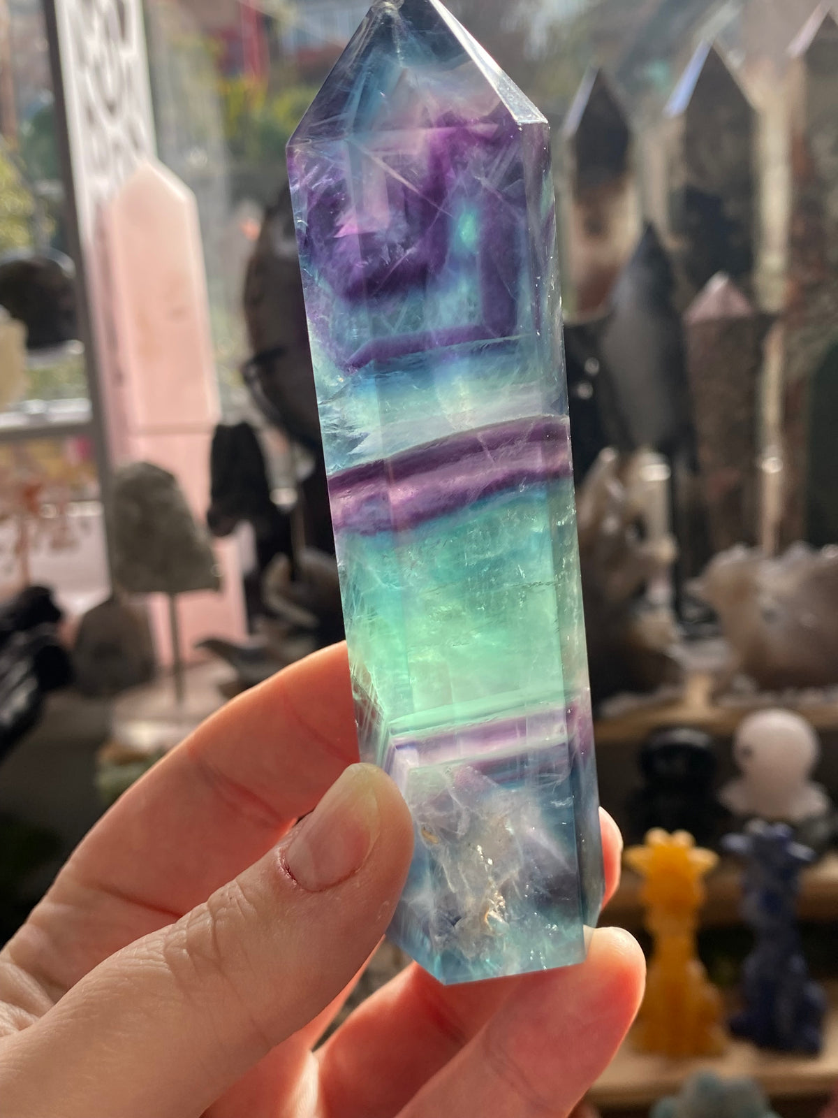 Rainbow fluorite crystal tower
