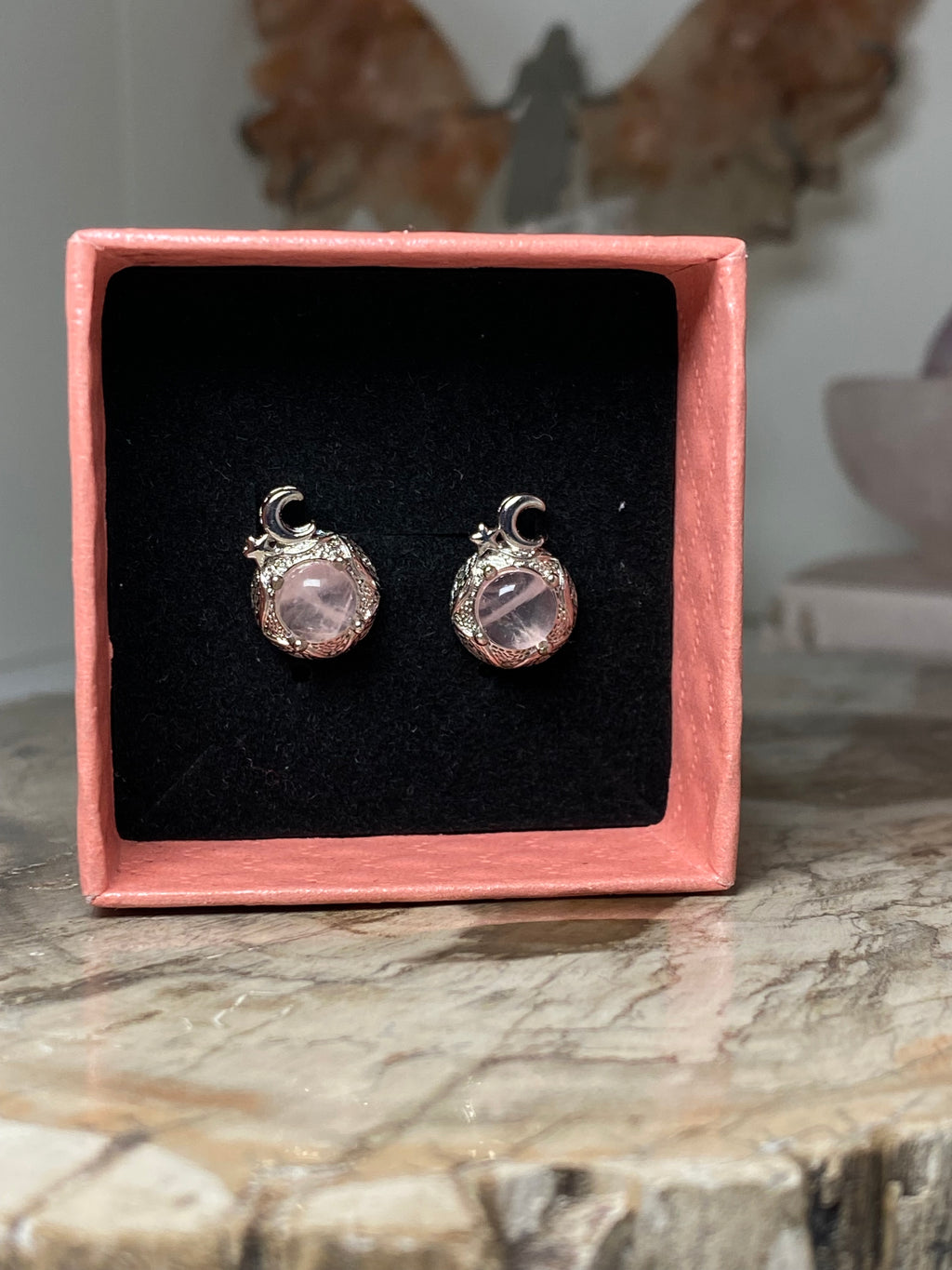 Rose quartz crystal stud  earrings  with moon and star