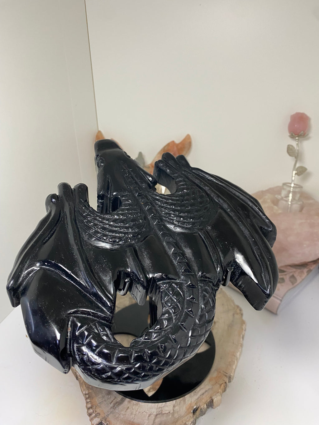 Large obsidian Dragon crystal spinning stand