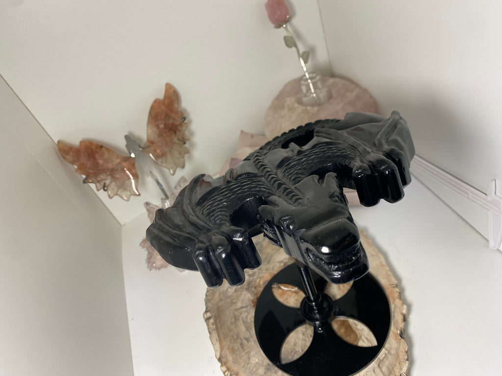 Large obsidian Dragon crystal spinning stand