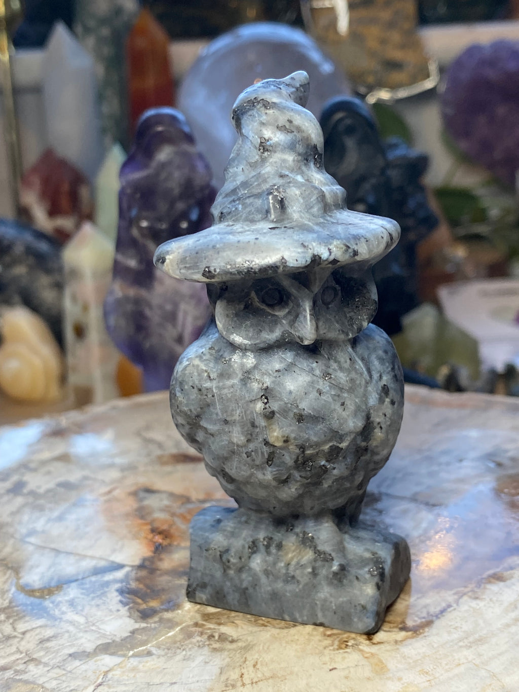 Larvakite crystal witch owl carving -Halloween
