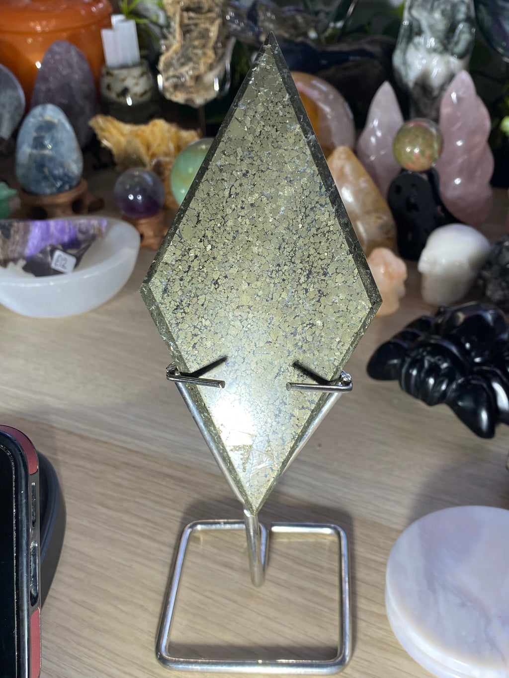 Large pyrite Crystal rhombus with stand