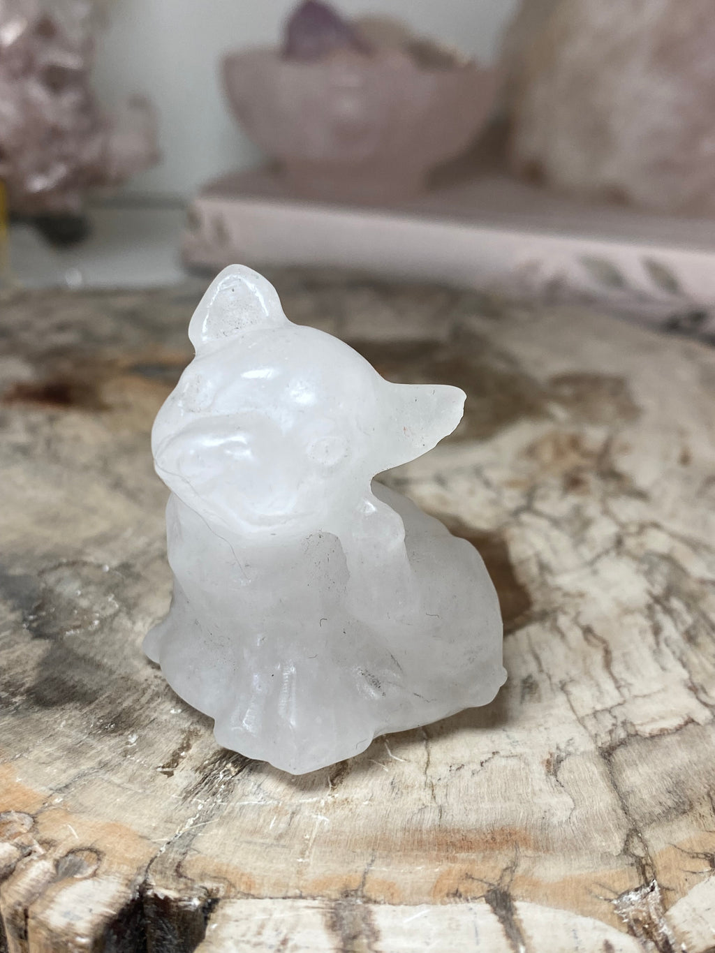 Small clear quartz crystal dog carving