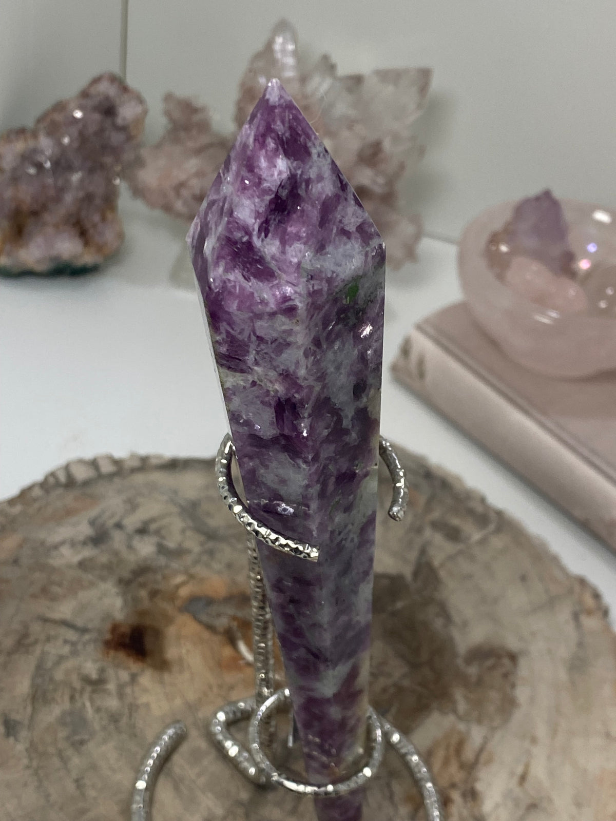 Purple mica crystal wand with stand