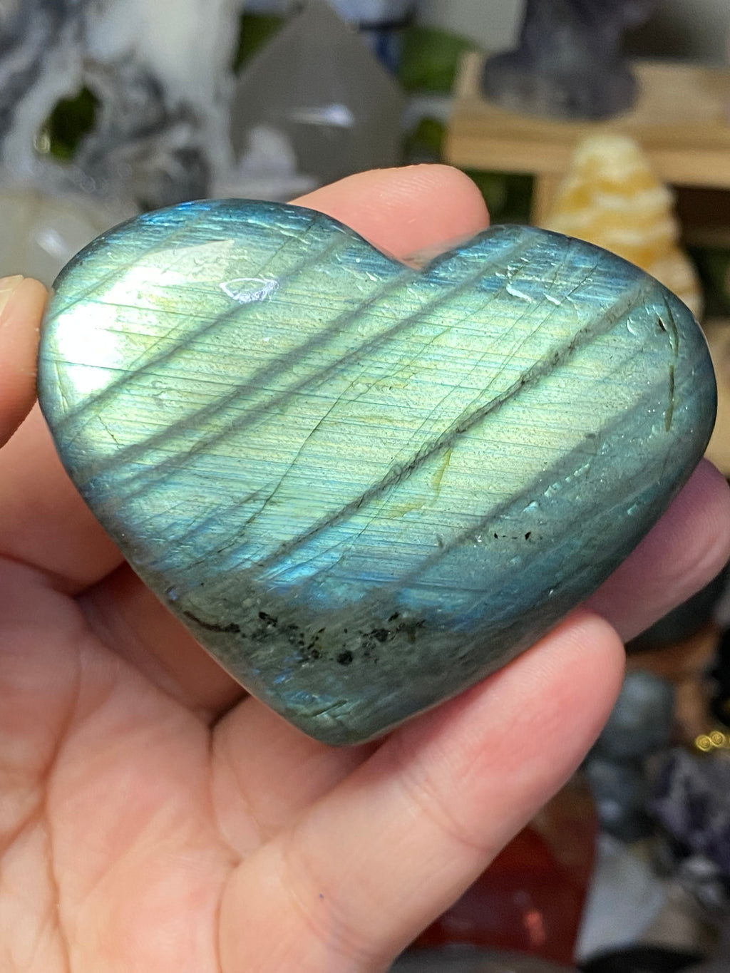 Labradorite crystal heart carving blue flash