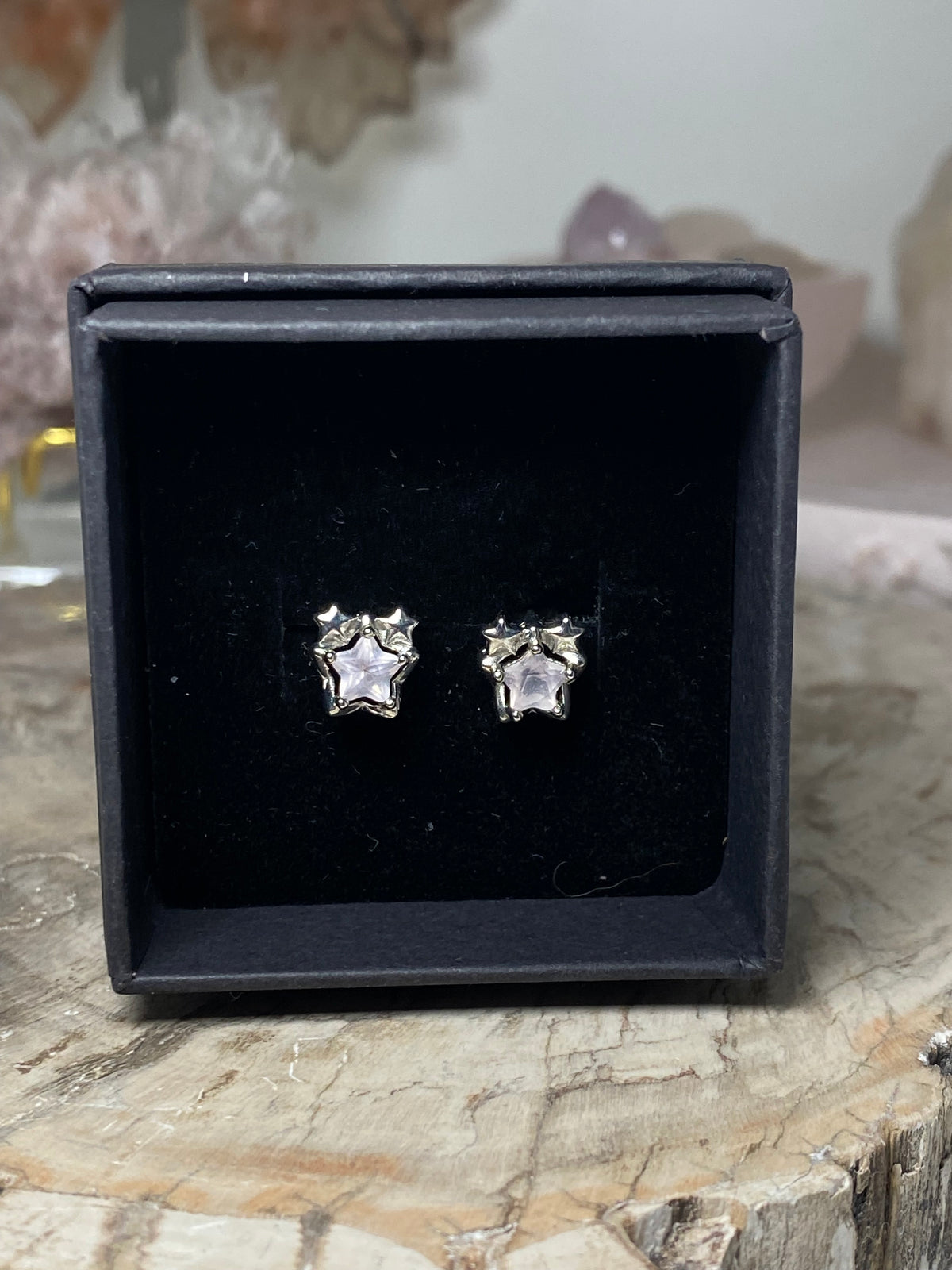 Rose quartz crystal star earrings
