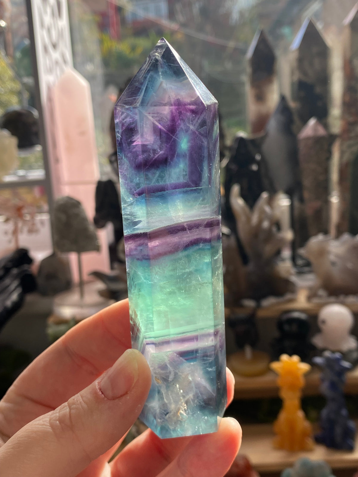 Rainbow fluorite crystal tower