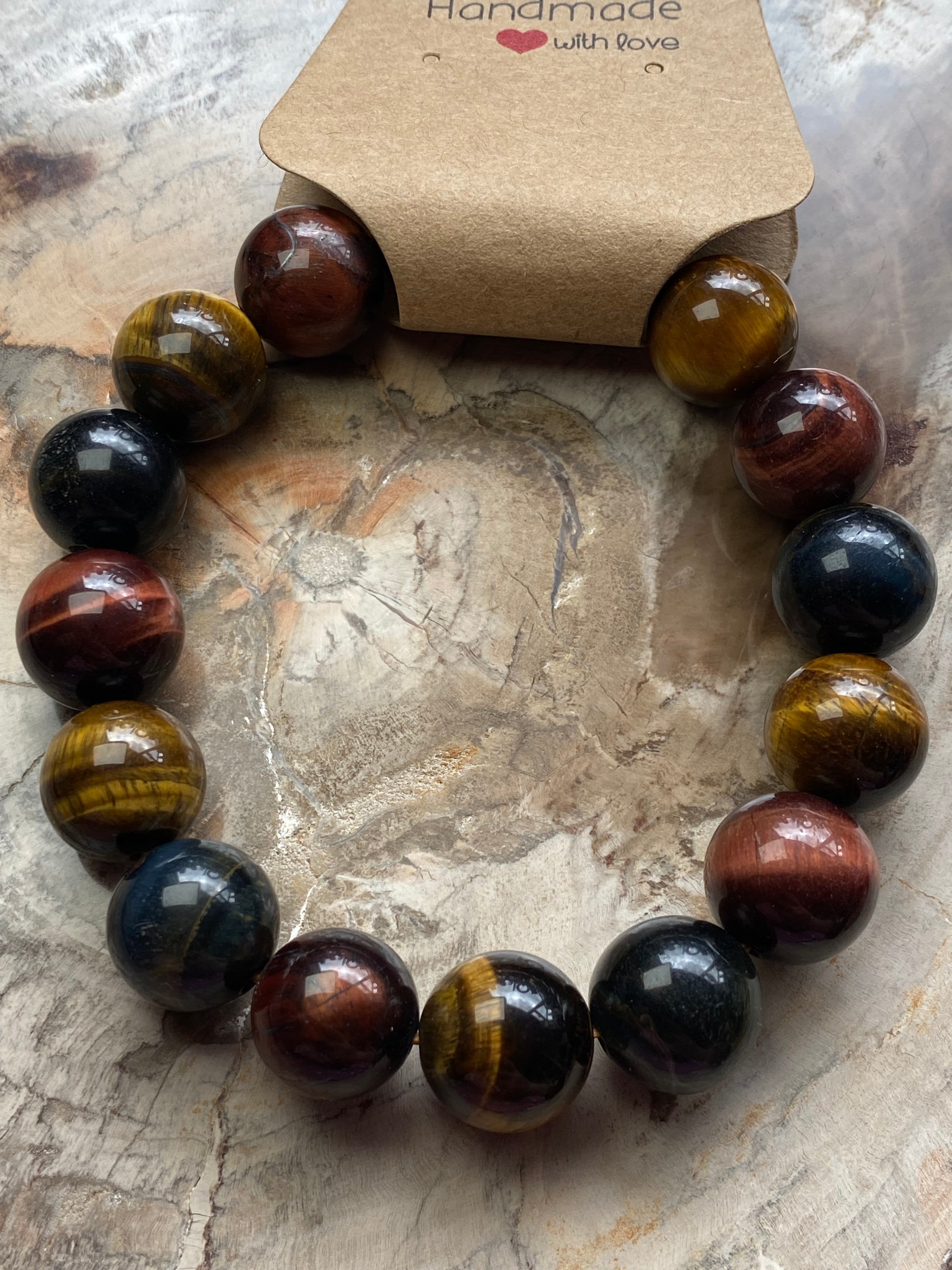Red yellow and blue tigers eye crystal bracelet 12mm