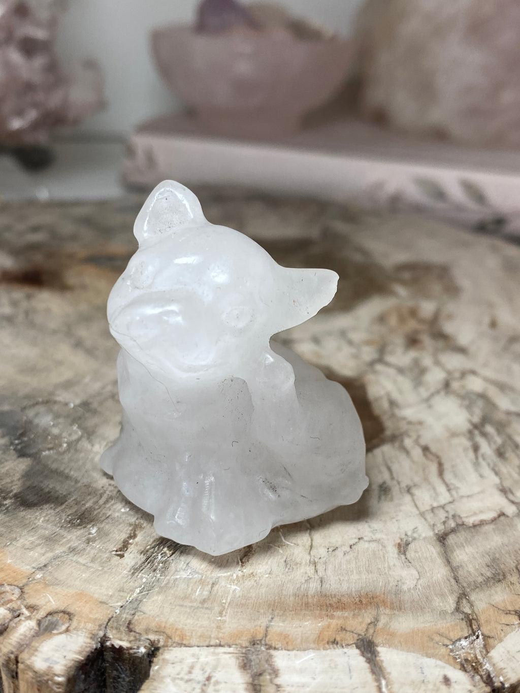 Small clear quartz crystal dog carving