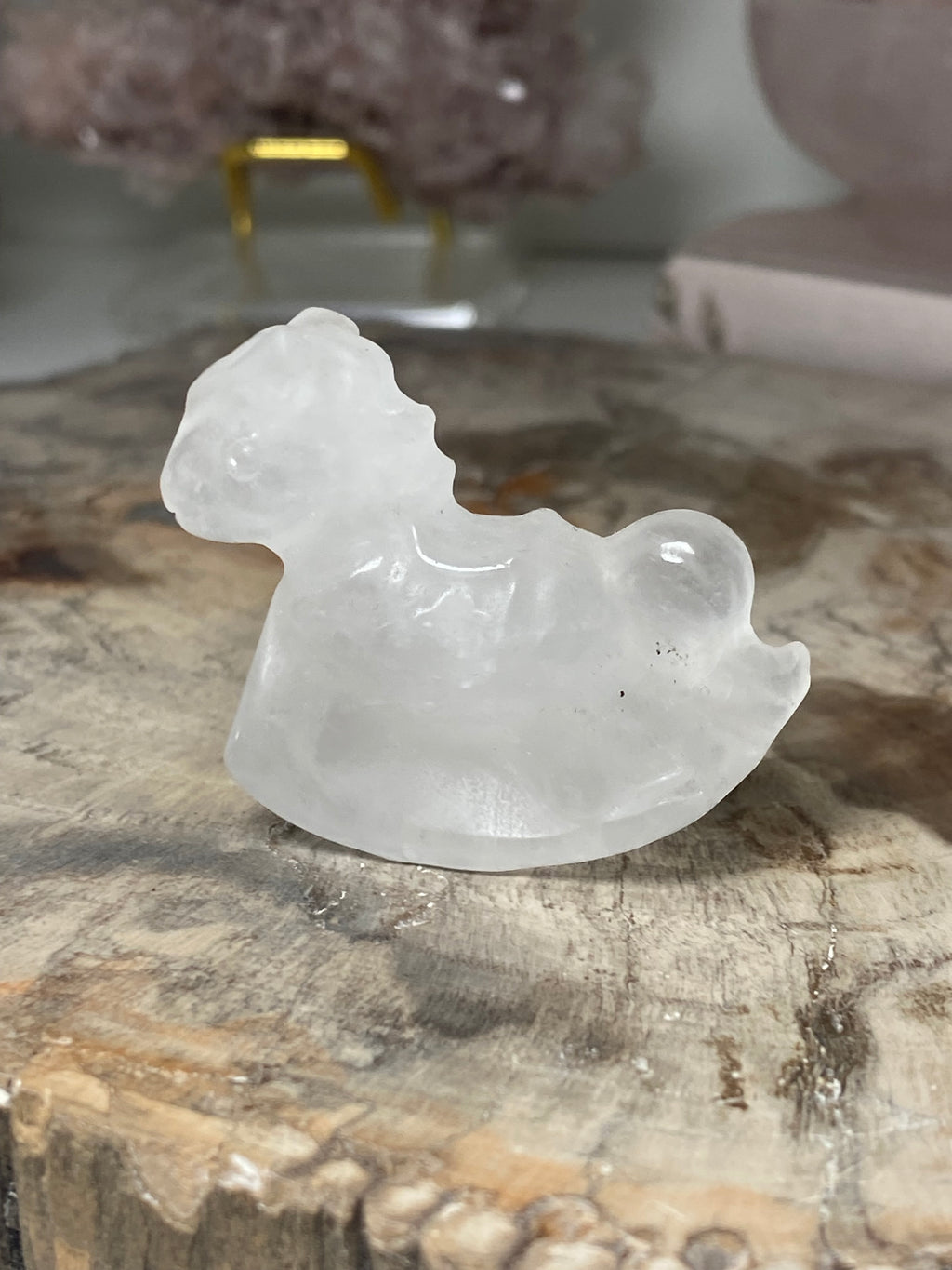 Clear quartz crystal small rocking horse carving