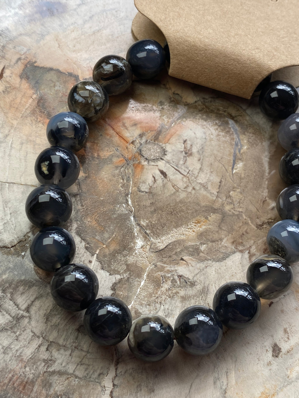 Black flower agate crystal bracelet 9mm