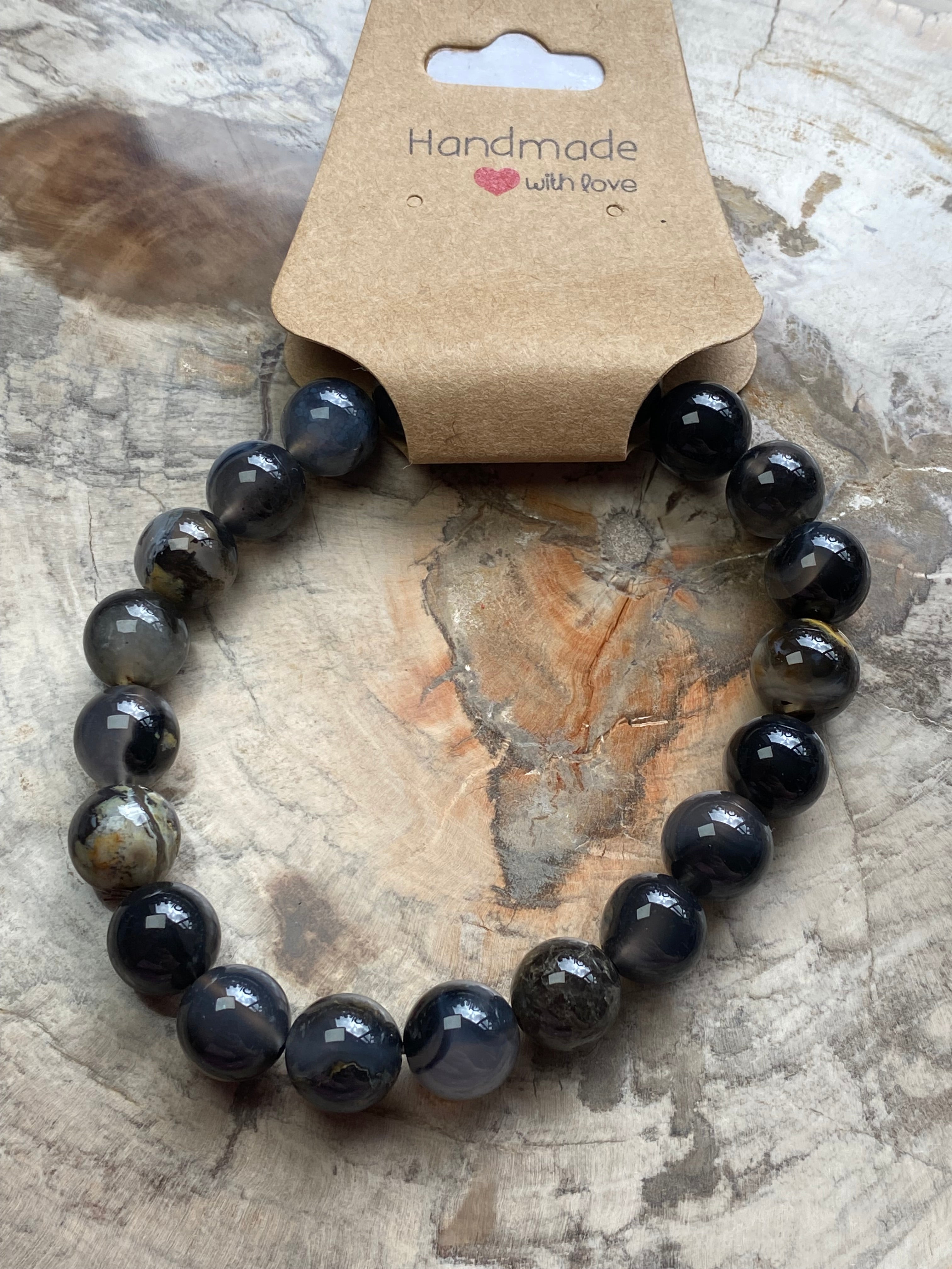 9mm black flower agate crystal bracelet