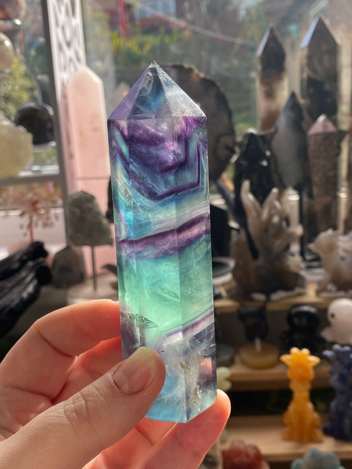 Rainbow fluorite crystal tower